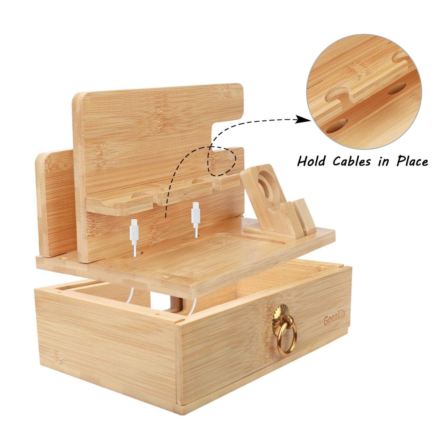 Gocokia Multifunctional Bamboo Stands, Dual Cell Phone Holder, Tablet Storage Stand, Watch Storage Hanger, Bamboo Cell Phone Holder with Drawer - Medaid International