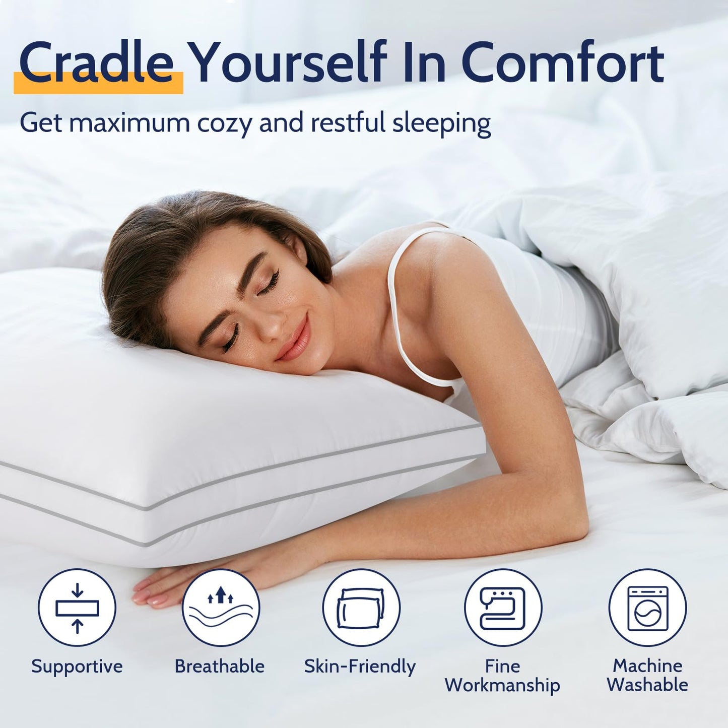 ROUMEA Pillows Queen Size Set of 2, Gusseted Bed Pillows for Sleeping 2 Pack, Luxury Hotel Quality, Supportive Queen Pillow with Soft Down Alternative for Back Stomach Side Sleepers, Machine Washable - Medaid International