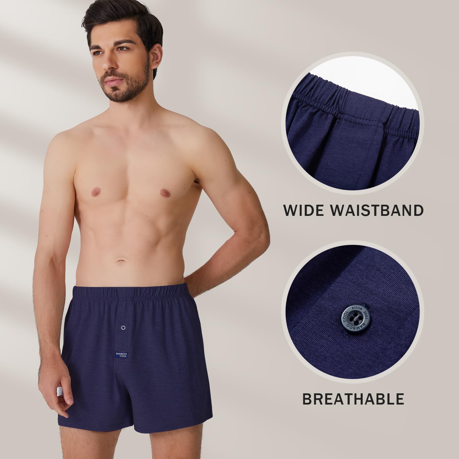 BAMBOO COOL Men's Boxer Short soft and Breathable Knit Boxers for men Moisture-wicking Underwear with Button Fly 3 Pack - Medaid International