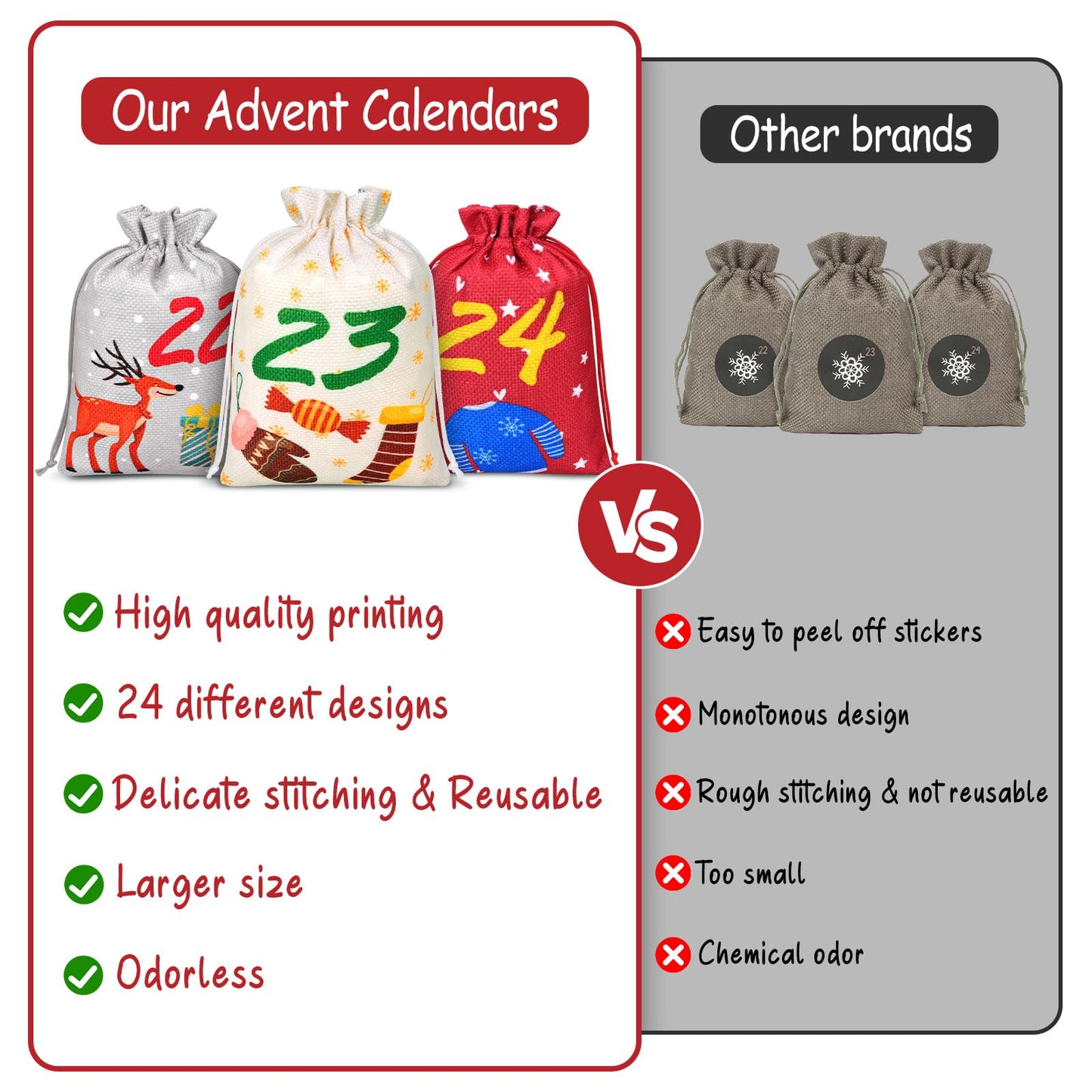 OrLume 2024 Empty Advent Calendar, 18 x 13 cm, Advent Calendar Bag for Children, Women, Men, 24 Empty Reusable Fabric Pouch, DIY Christmas Decoration - Medaid International