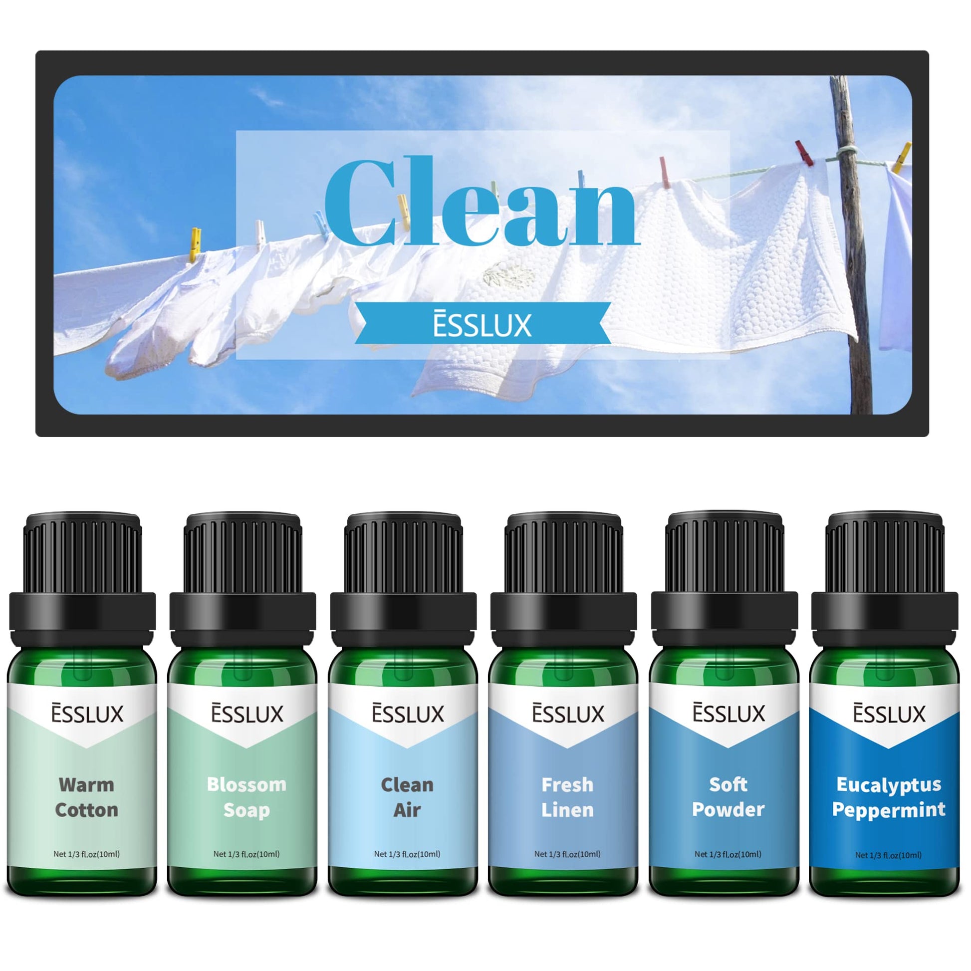 Clean Fragrance Oil, ESSLUX Essential Scented Oils for Diffuser for Home, Premium Soap Candle Making Scents, Aromatherapy Oils Collection for Laundry, Humidifiers, Fresh Scents for Spring Summer - Medaid International