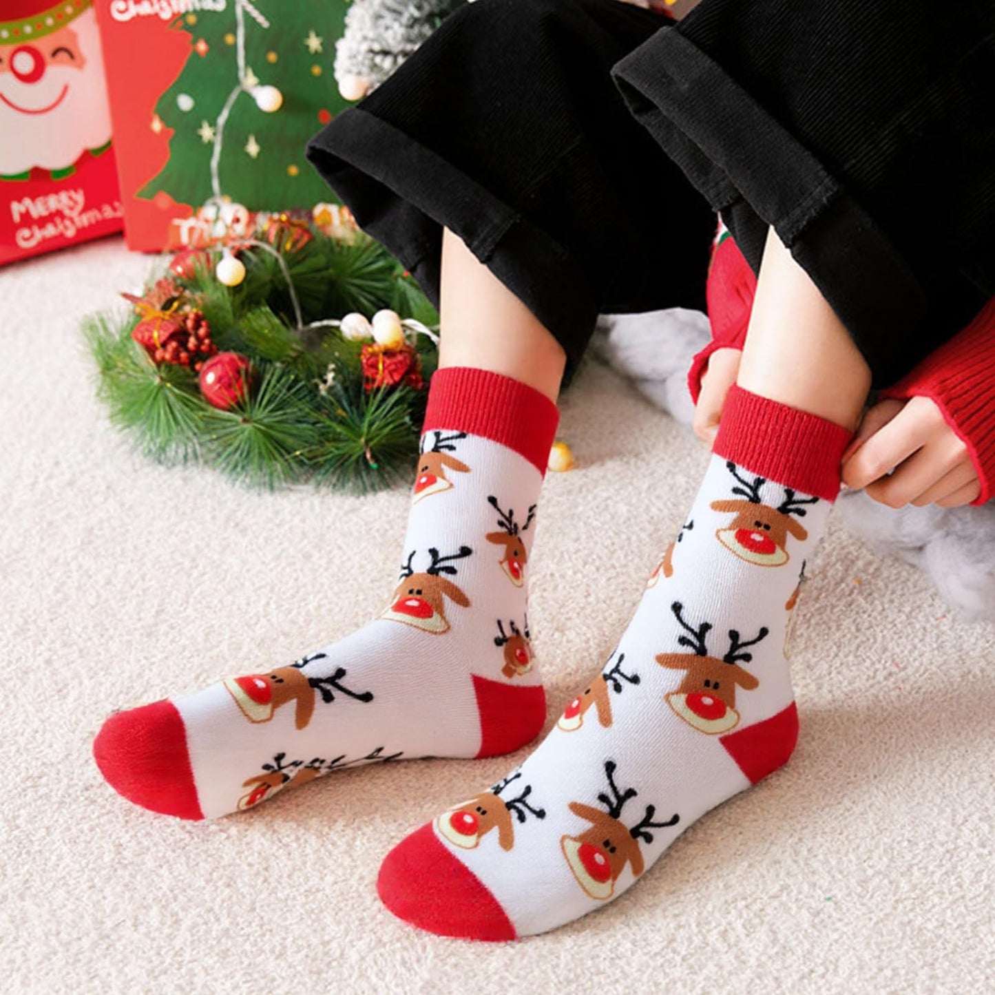 One Pair Christmas Socks Unisex Holiday Knit Style Warm Cozy Sock Accessory Daily Wear Festive Outfits(White Reindeer) - Medaid International