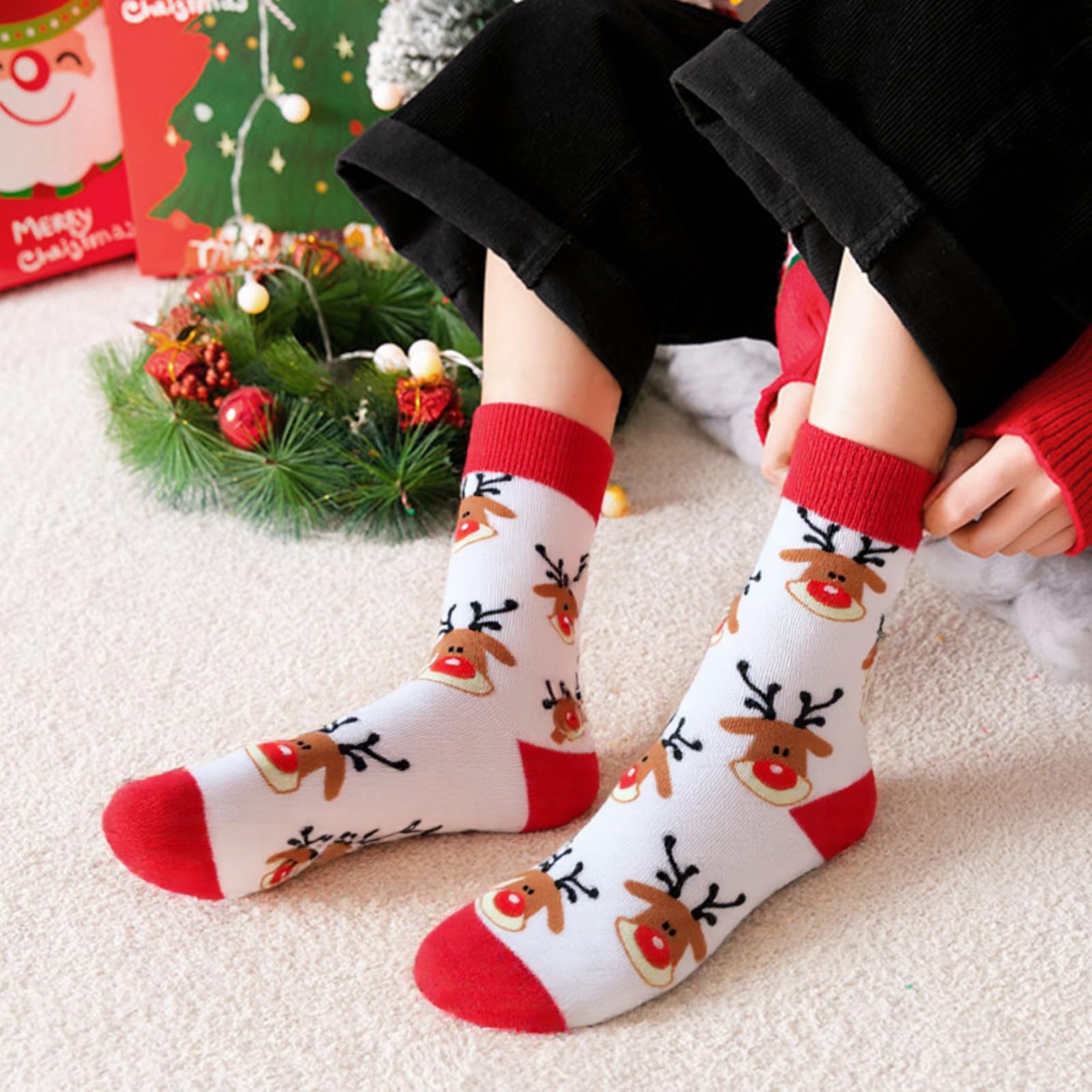 One Pair Christmas Socks Unisex Holiday Knit Style Warm Cozy Sock Accessory Daily Wear Festive Outfits(White Reindeer) - Medaid International