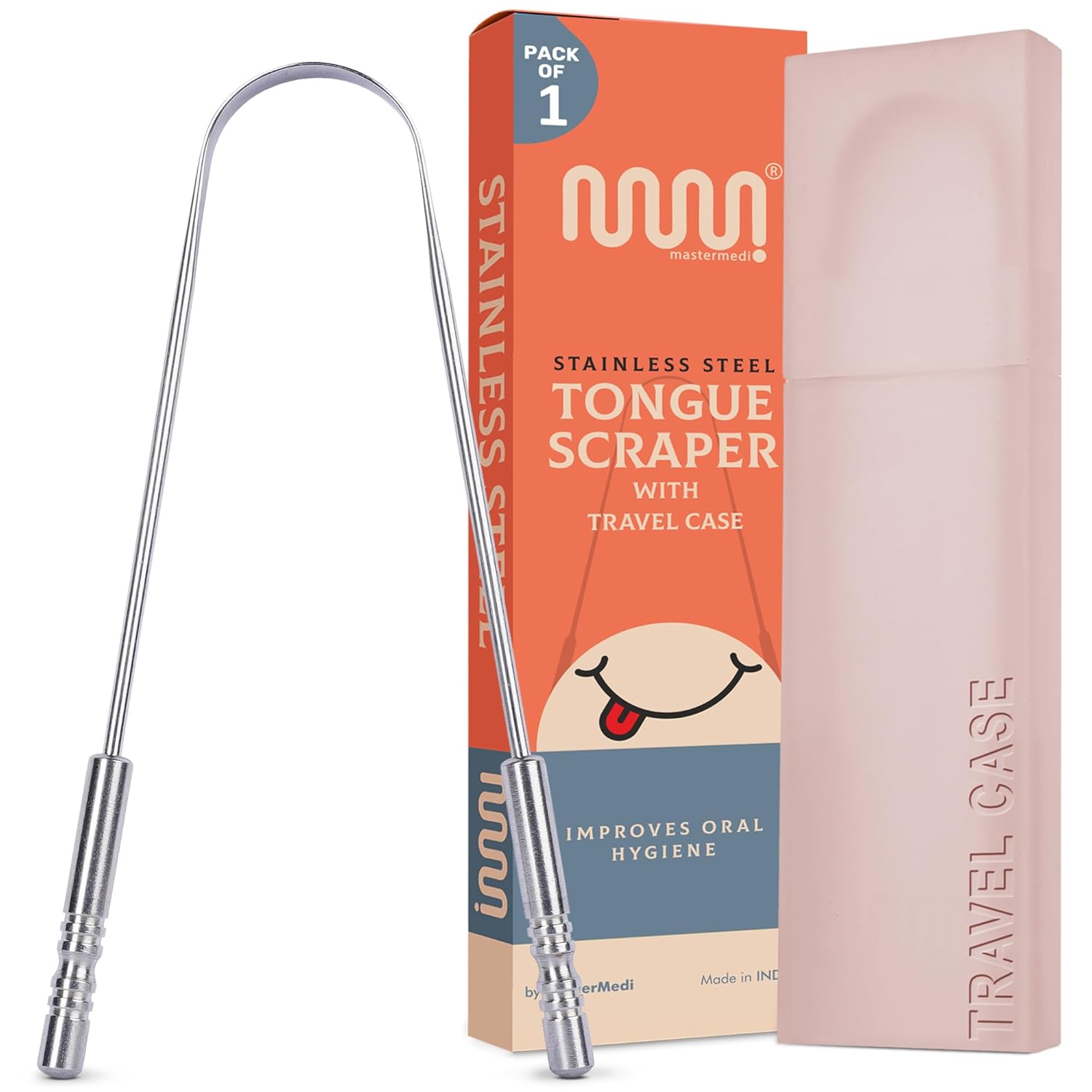 MasterMedi Tongue Scraper for Adults with Multicolor Travel Cases (2 Pack), 100% Stainless Steel, Reduce Bad Breath, Tongue Scrubber, Easy to Use, Tongue Cleaner for Oral Care & Hygiene - Medaid International