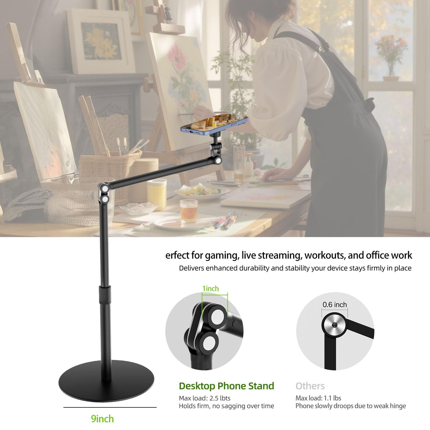 Magnetic Overhead Phone Stand for Desk - 360° Swivel & Tilt with MagSafe Compatible Holder, Cell Phone Stand Magnet Quick Mount for Recording, Cooking, Painting, Zoom Meetings, TikTok Live & Gaming - Medaid International