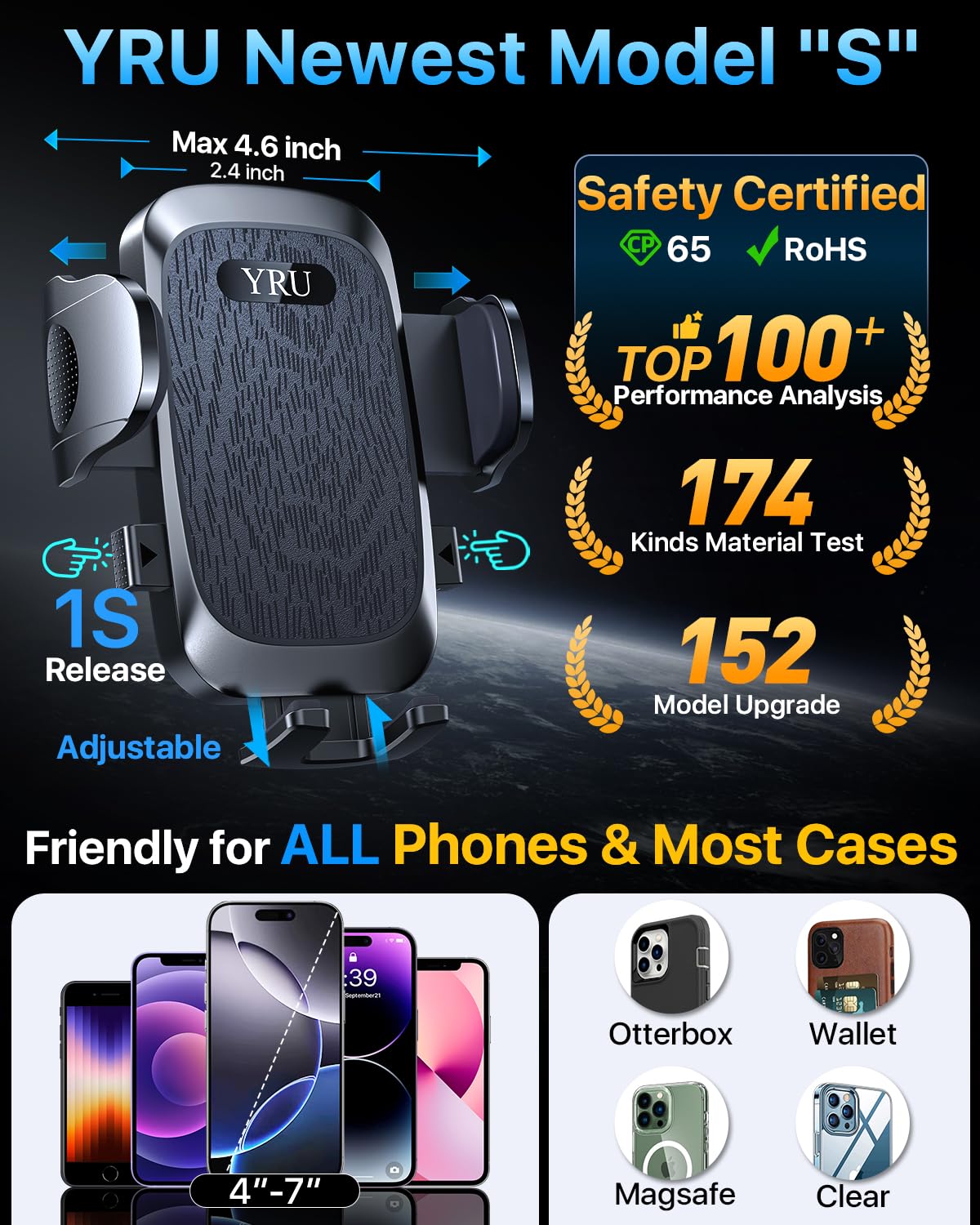 YRU [2025 Ultimate Car Phone Holder Mount [Bendable & Adjustable Aluminum Arm] Cell Phone Holder for Car Dashboard Windshield Phone Stand for iPhone 17 16 15 14 Pro Max Samsung Pickup Truck, Black - Medaid International