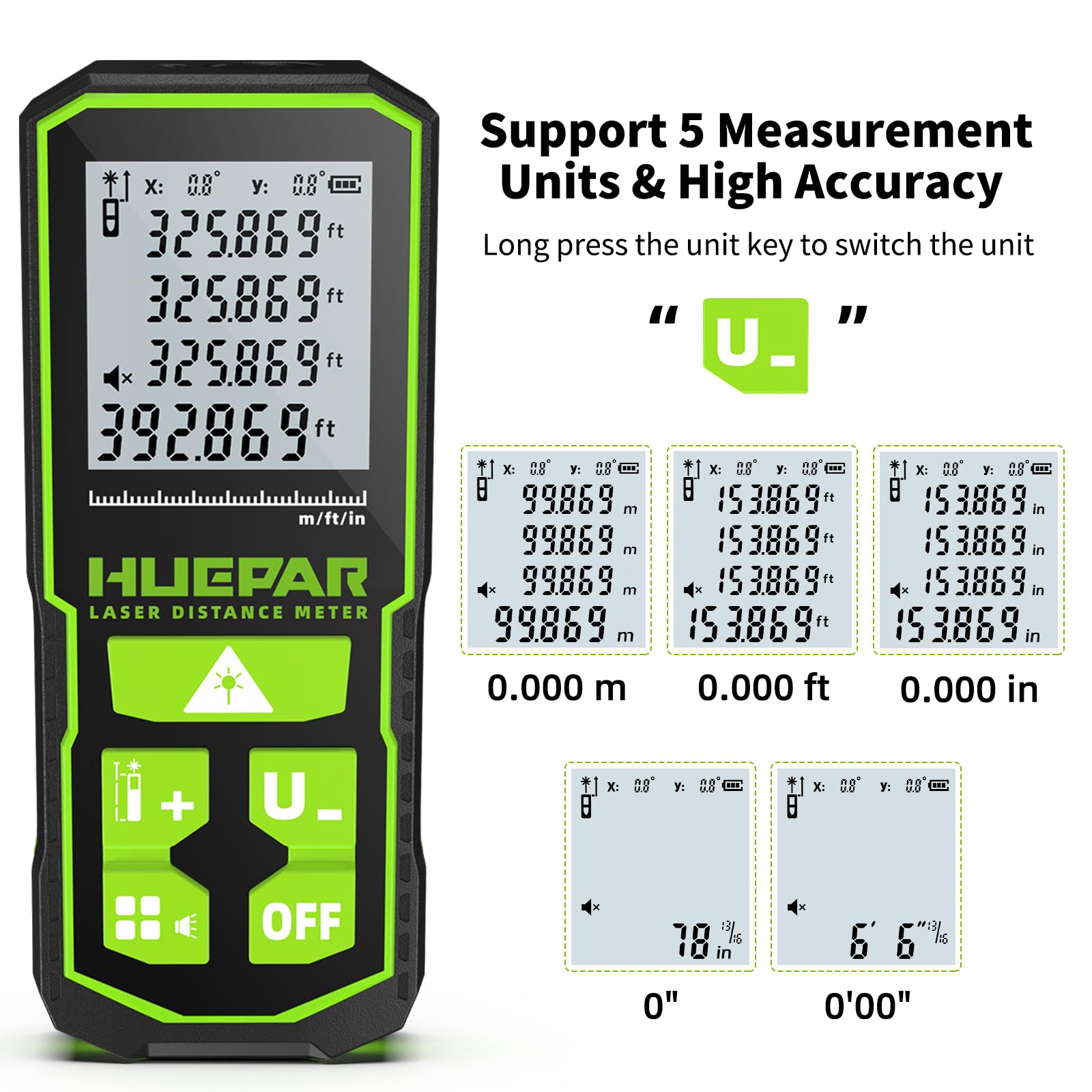 393FT Professional Green Laser Measuring Tool with Angle Sensor, Huepar 1/16in Accuracy Laser Distance Measurement Tool, Digital Laser Room Measuring Device, Laser Distance Meters - Medaid International