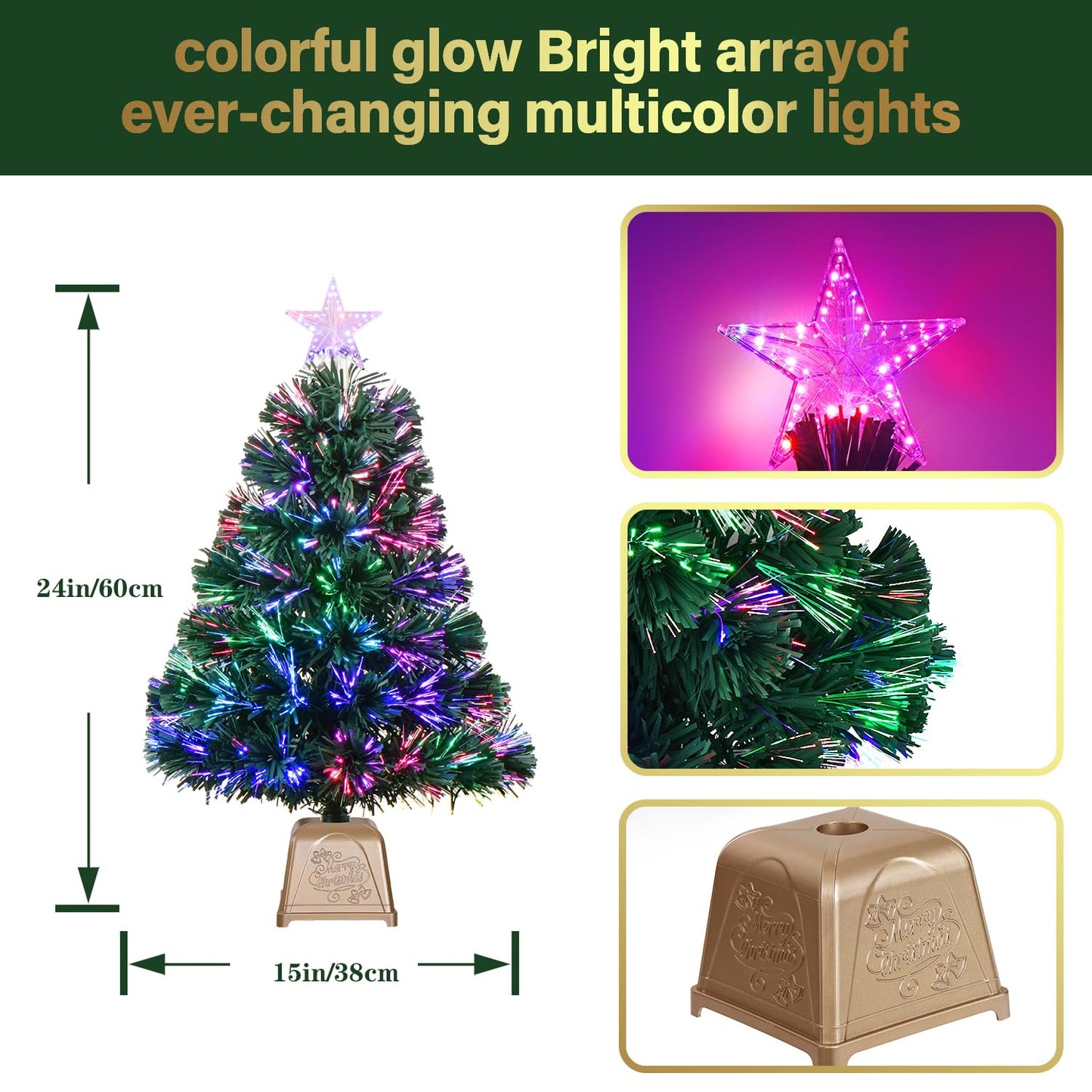 24inch Green Fiber Optic Christmas Tree,Pre-Lit Artificial Mini Christmas Tree, Tabletop Small Xmas Tree with Stars Holiday Home Decorations - Medaid International