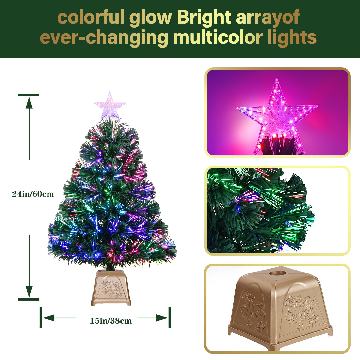 24inch Green Fiber Optic Christmas Tree,Pre-Lit Artificial Mini Christmas Tree, Tabletop Small Xmas Tree with Stars Holiday Home Decorations - Medaid International