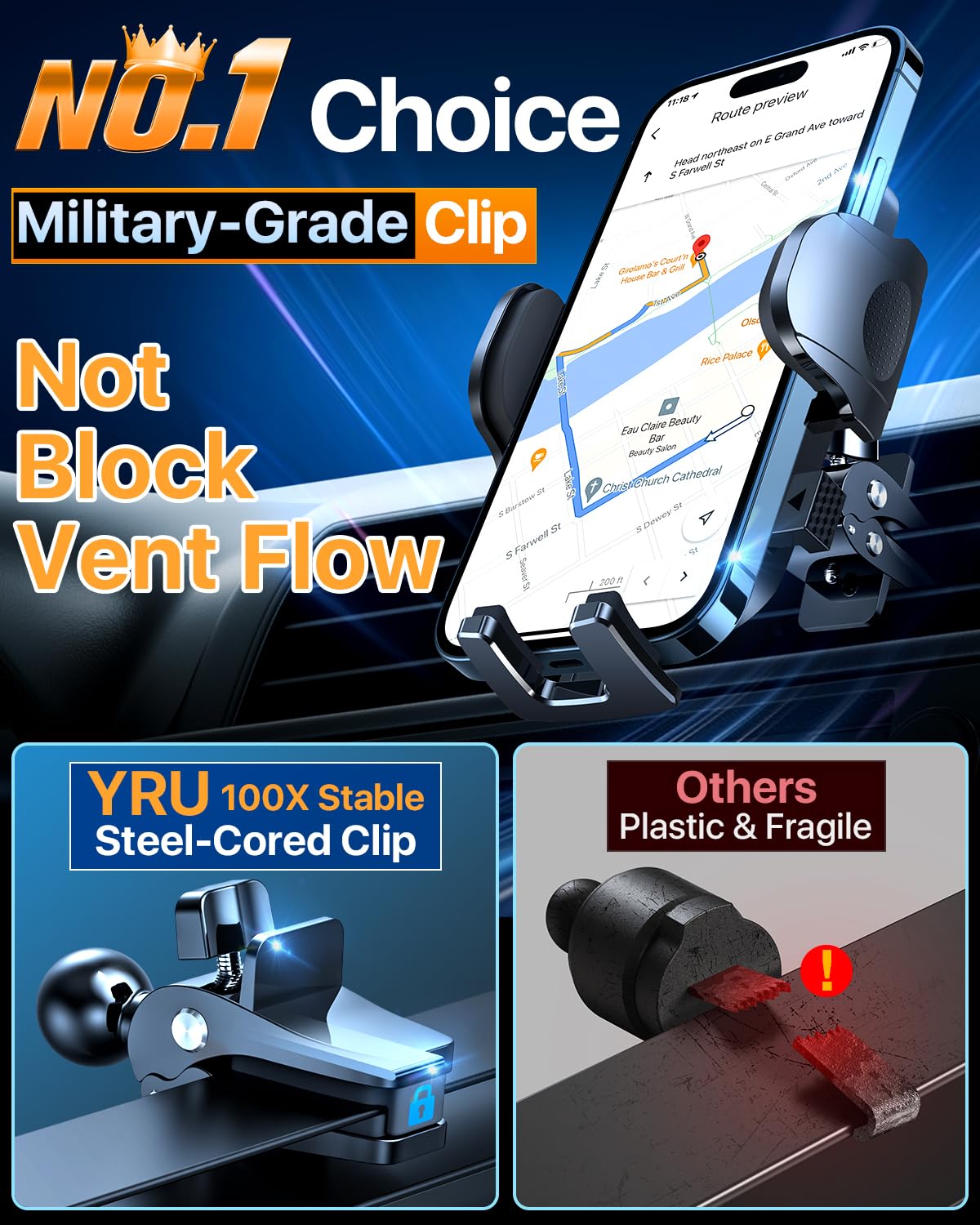 YRU [True Upgrade for Safety] Car Phone Holder Mount [Patent & Military-Grade] Dashboard Cell Phone Holder for Car Vent Windshield Phone Stand for iPhone 17 16 15 14 13 Pro Max Truck Samsung, Black - Medaid International