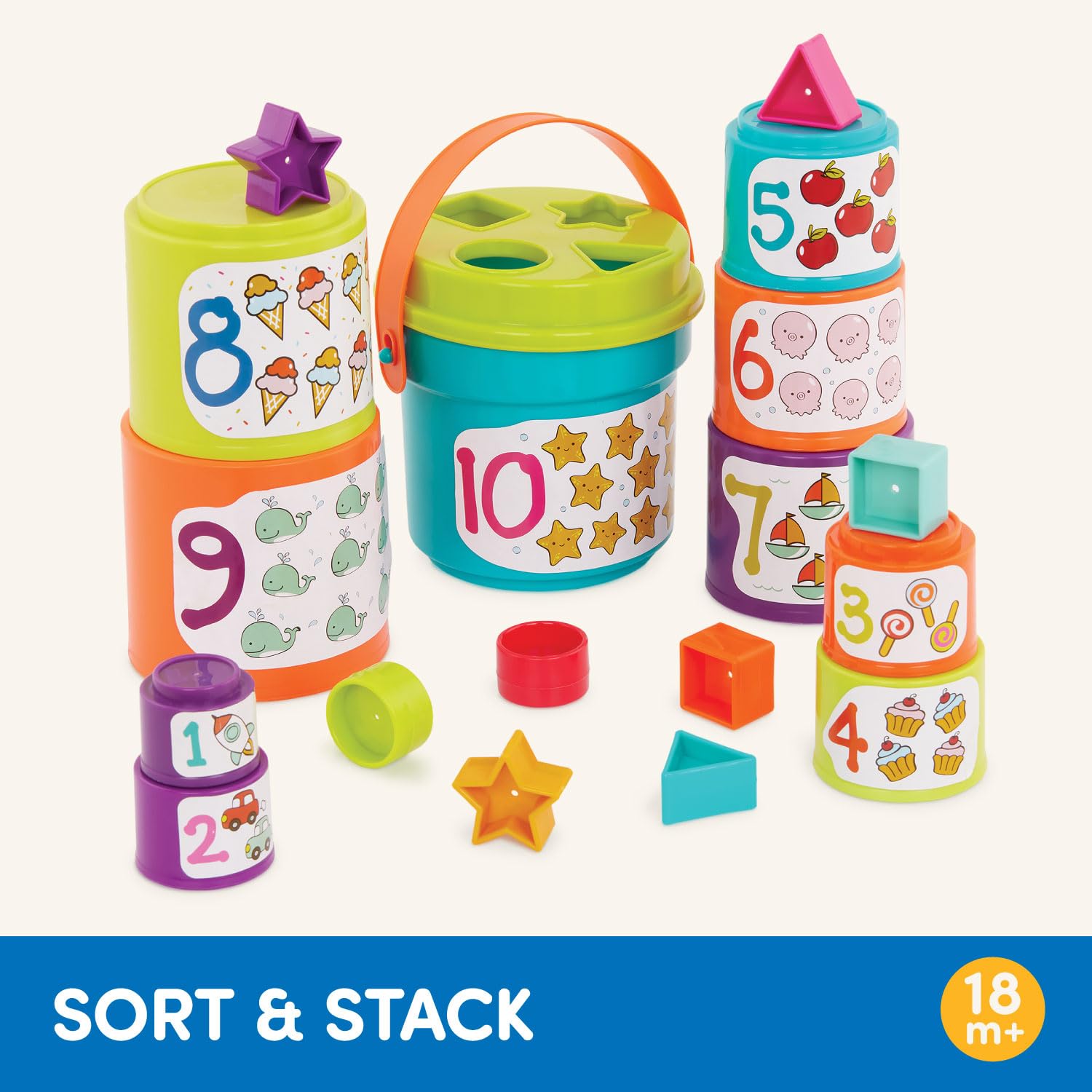 Battat – Nesting Sorter Set – 19 Pieces Stacking Bucket Sort Set – 10 Cups & 8 Shapes – Educational & Dexterity Toys – 18+ Months – Sort & Stack - Medaid International