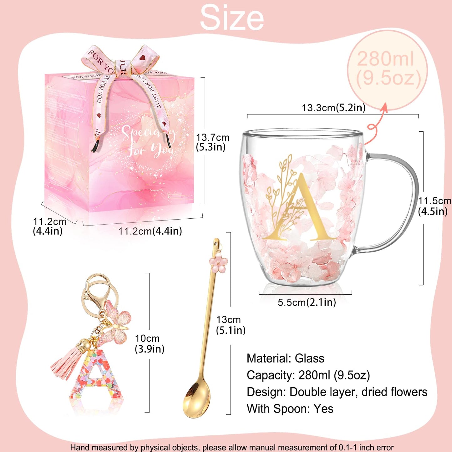 Personalized Gift for Women Cute Monogrammed Double Wall Glass Coffee Mug Tea Cup with Spoon Customized Birthday Valentine Mother's Day Christmas Gift for Mom Wife Friends Sister Coworker(Letter A) - Medaid International