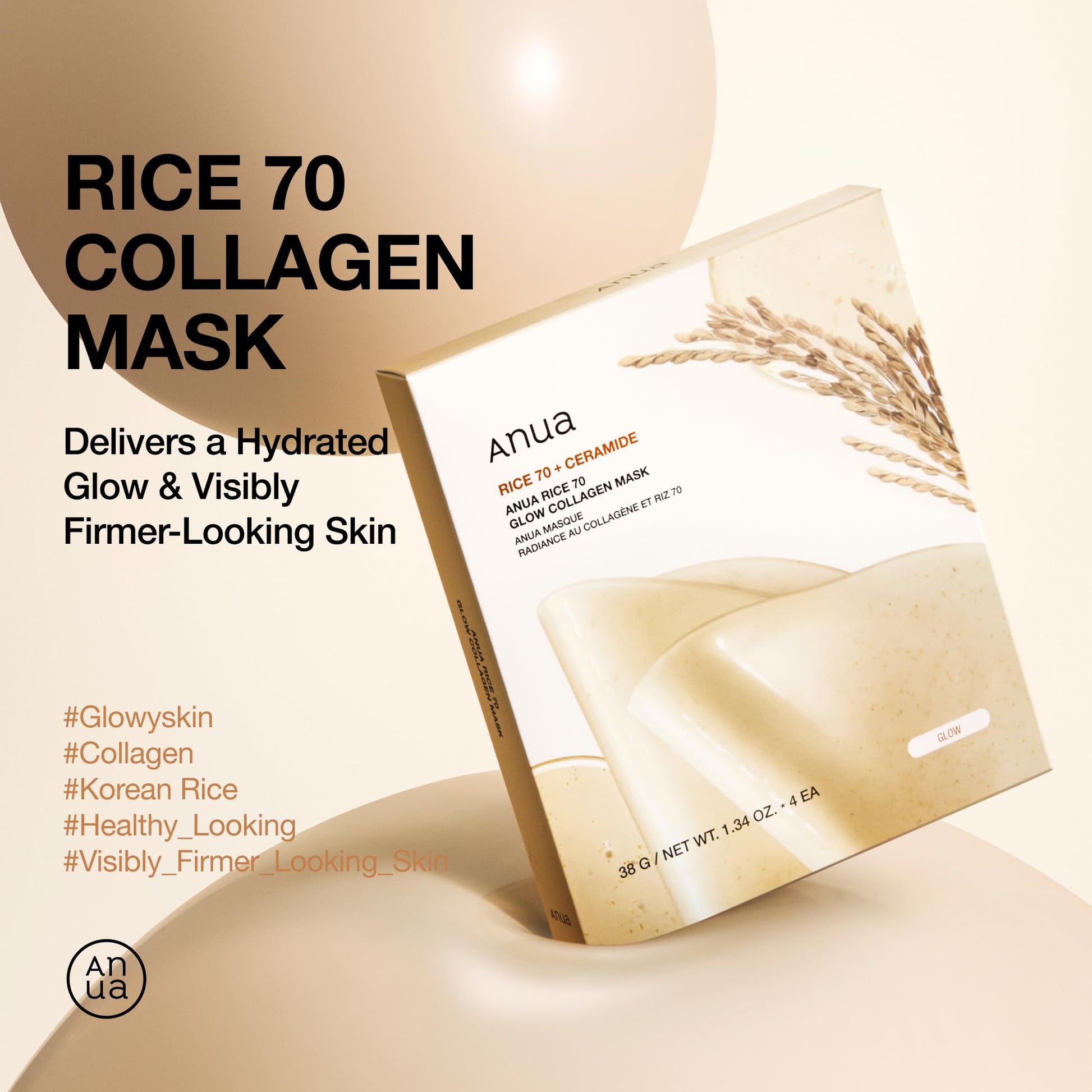 ANUA Rice 70 Glow Collagen Mask, Overnight Face Mask for Glass Skin, Ceramide, Collagen Facial Mask, Skin Moisture Barrier, Tightening Care, Natural Color, Korean Skin Care (38g, 4ea) - Medaid International