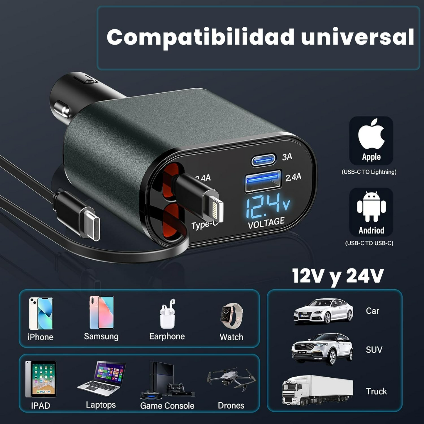4 in 1 Car Charger 120W Turbo Charge, 4 Ports Fast Charging with Retractable Cables - Medaid International