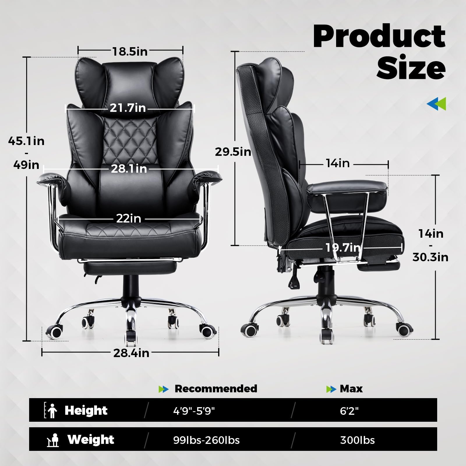 COMHOMA Big and Tall Office Chair, High Back Leather Gaming Chair with Footrest, Executive Ergonomic Office Chair with Pocket Spring Lumbar Support and with Outward Fixed Soft Armrests - Medaid International