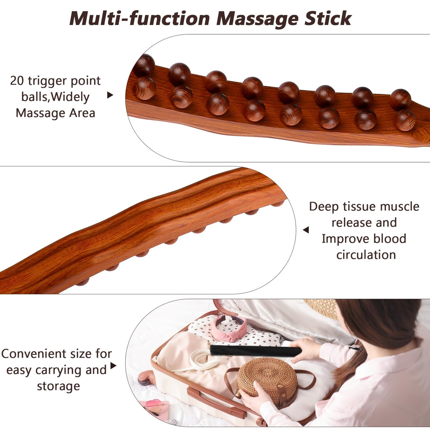 Guasha Wood Stick Massage Tool,20 Beads Wood Massage Roller Stick,Lymphatic Drainage Massager for Body Shaping,Gua Sha Tools for Back Leg - Medaid International