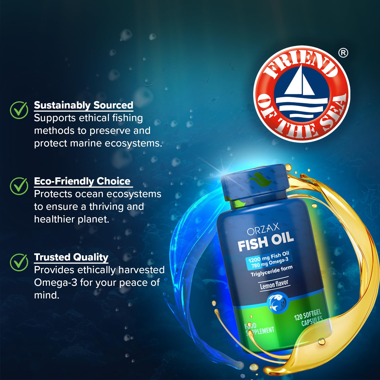 ORZAX Omega 3 Fish Oil 1200 mg - EPA DHA Omega 3 Supplement - Promotes Heart, Eye, Joint, Nerve, Immune, Brain and Blood Health - Burpless & Lemon Flavored - Non-GMO - 120 Softgels - 60 Day Supply - Medaid International