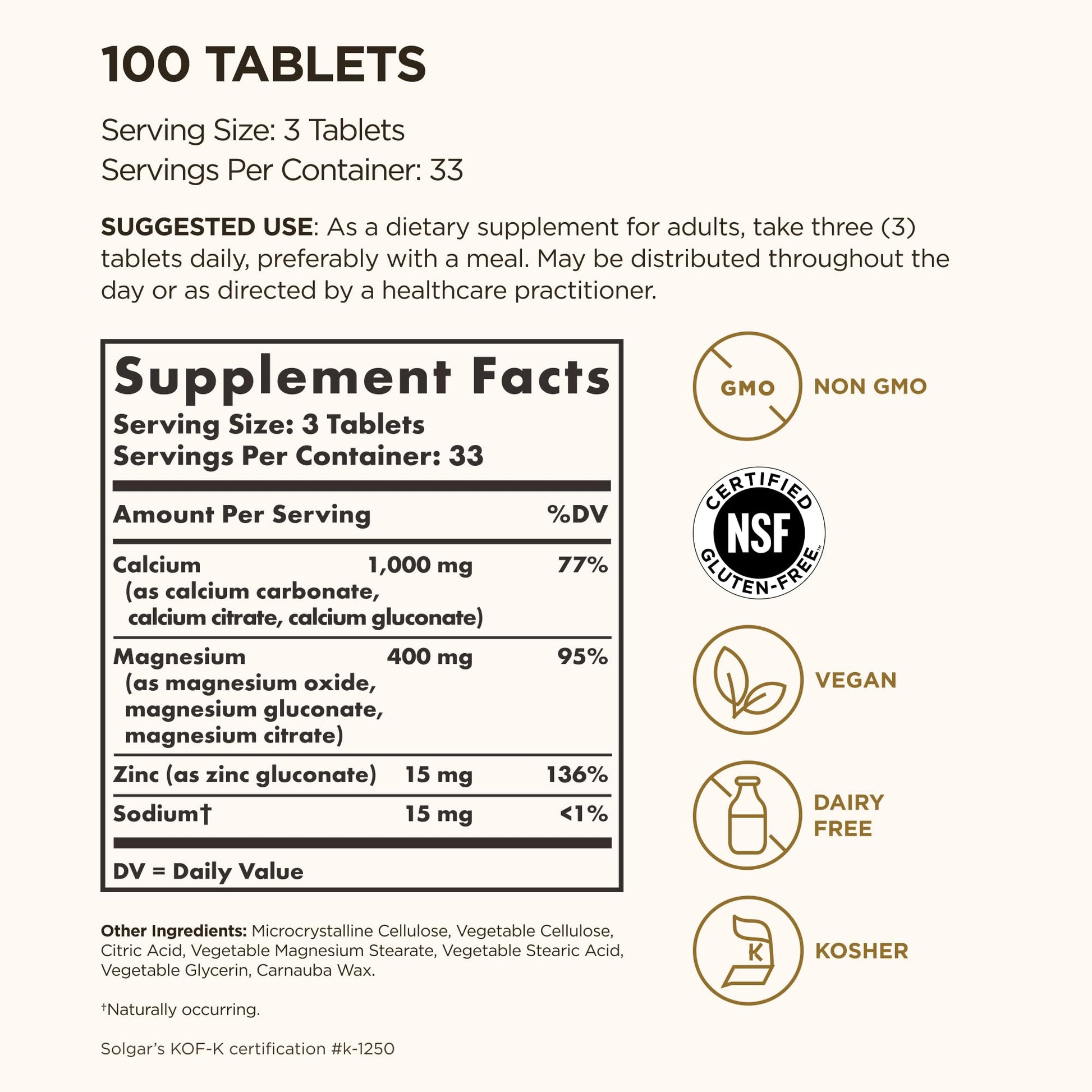 Solgar Calcium Magnesium Plus Zinc, 100 Tablets - Promotes Healthy Bones and Teeth - Supports Nerve & Muscle Function - Non-GMO, Vegan, Gluten Free, Dairy Free, Kosher - 33 Servings - Medaid International