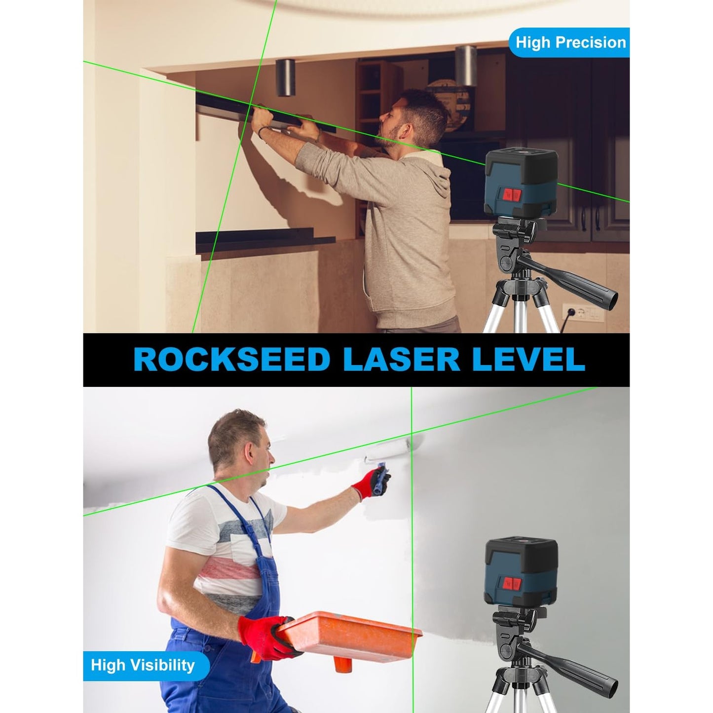 Laser Level, RockSeed Cross Line Laser with Self-Leveling, Vertical and Horizontal Line, Rotatable 360 Degree, Carrying Pouch, Battery Included (Green with27 inch Tripod) - Medaid International
