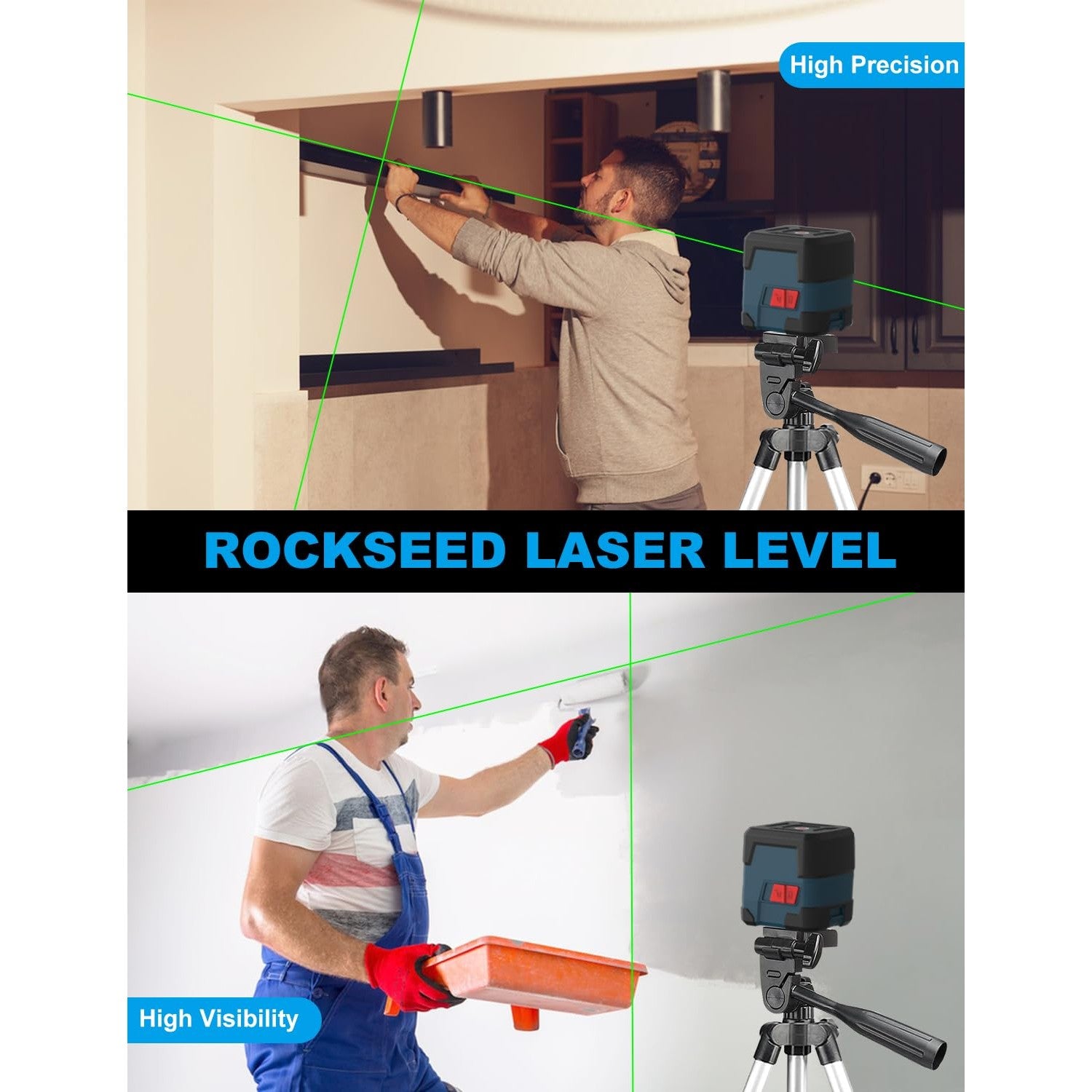 Laser Level, RockSeed Cross Line Laser with Self-Leveling, Vertical and Horizontal Line, Rotatable 360 Degree, Carrying Pouch, Battery Included (Green with27 inch Tripod) - Medaid International