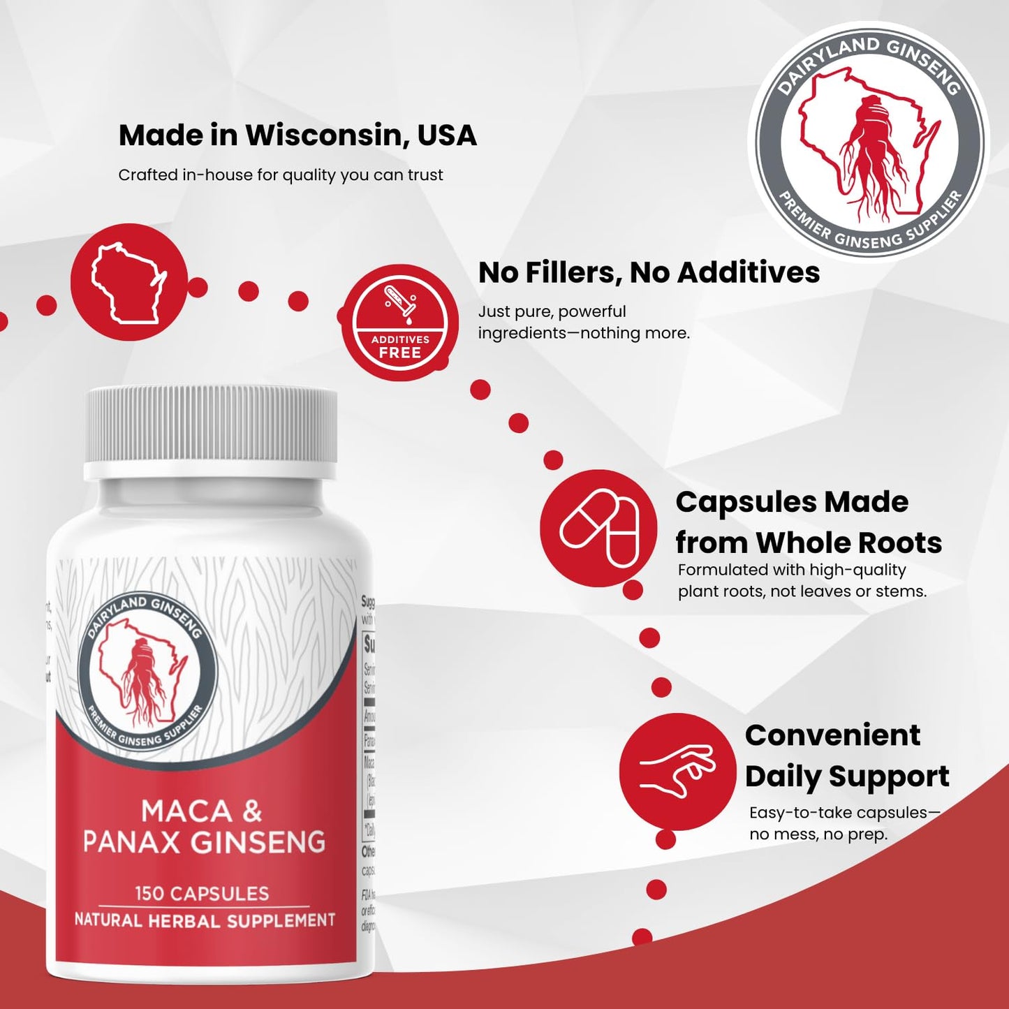 Maca Root Capsules + Korean Panax Ginseng - Concentrated Extract Black + Red + Yellow Maca Root, Panax Ginseng Capsules 150 ct - Medaid International