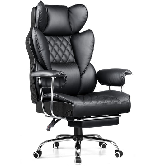 COMHOMA Big and Tall Office Chair, High Back Leather Gaming Chair with Footrest, Executive Ergonomic Office Chair with Pocket Spring Lumbar Support and with Outward Fixed Soft Armrests - Medaid International