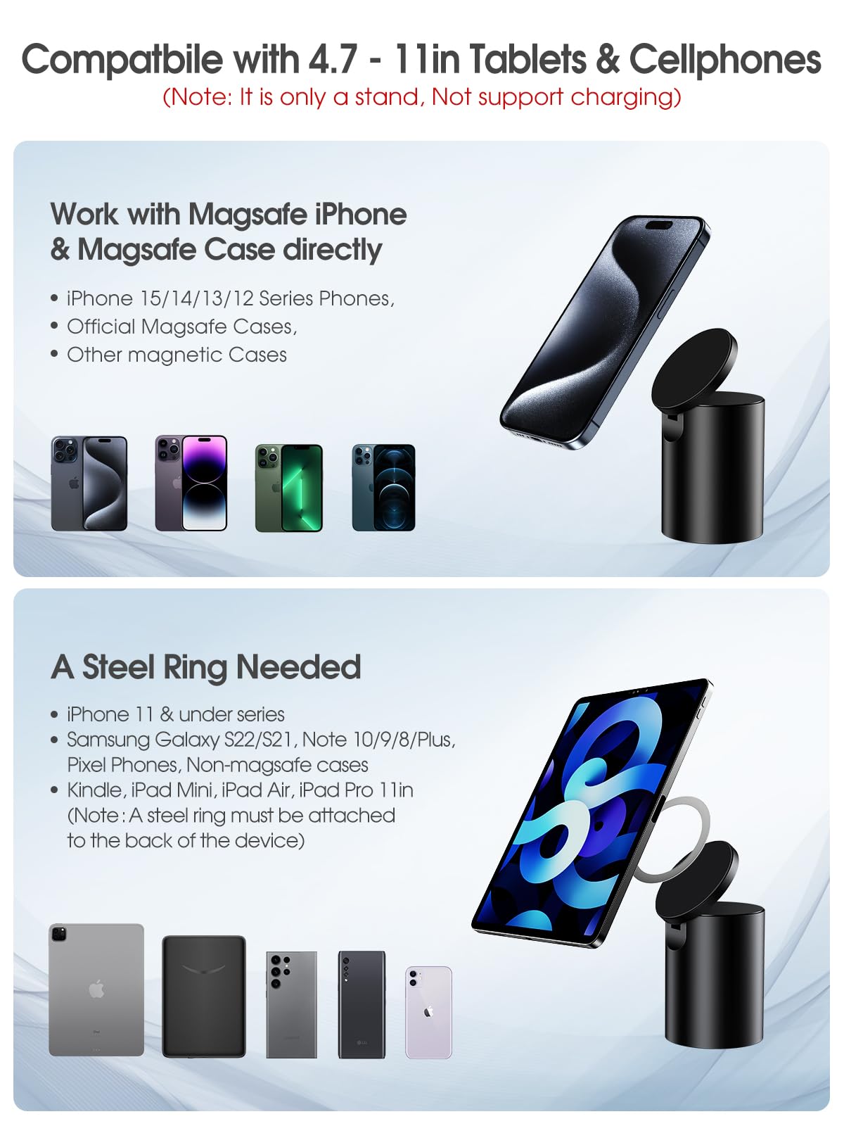 elitehood Heavy Duty Aluminum Magnetic Phone Stand, for Magsafe Stand for iPhone, Adjustable Cell Phone Holder for Desk, Computer Office Desk Accessories, Fits 4-11in iPhone, Kindle, iPads, Tablets - Medaid International