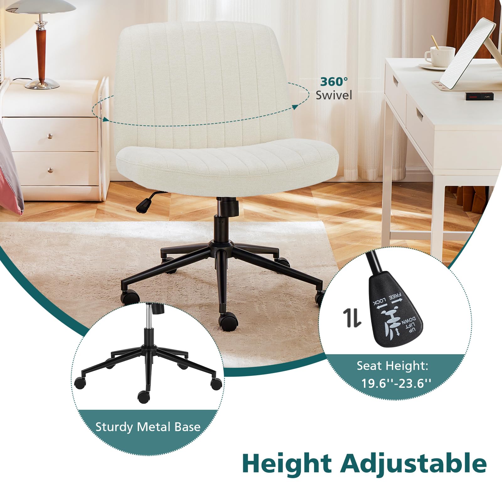 OLIXIS Criss Cross Chair with Wheels Wide Cross Legged Office Desk Vanity Chair Comfy Fabric Armless Adjustable Swivel for Home Computer Task Fabric Beige - Medaid International