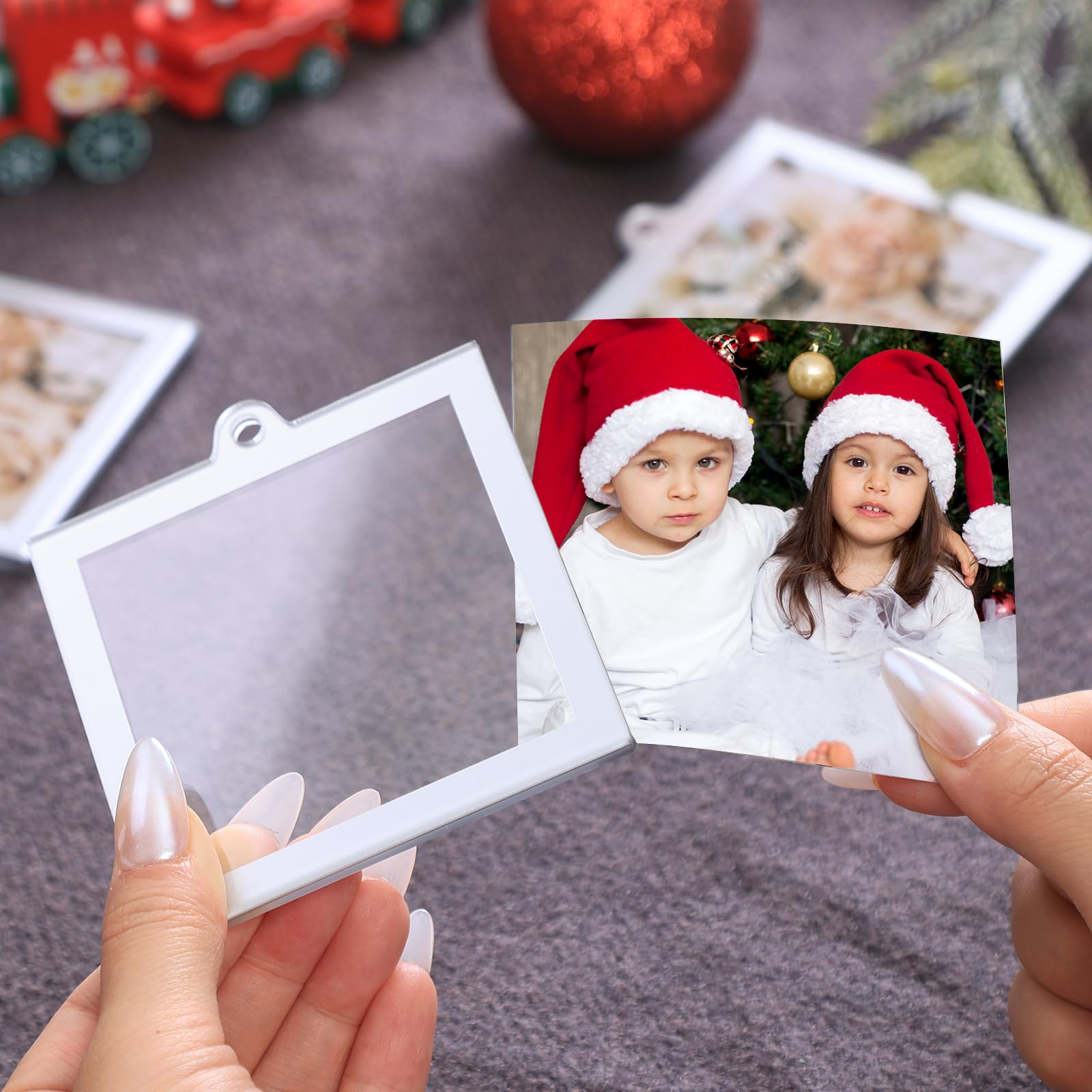 UNIQOOO 3.2 x 3.2 inch Christmas Acrylic Silver Photo Frame Ornaments for Display Picture, 6 Pcs Festive Hanging Decoration, Double-Sided Picture Frames for Holiday Season Home Party Xmas Tree Decor - Medaid International