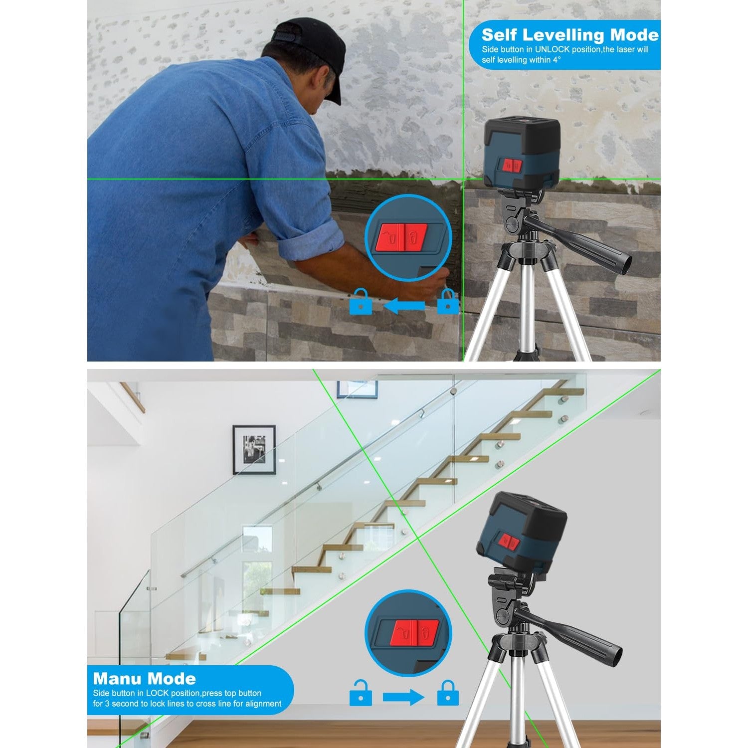 Laser Level, RockSeed Cross Line Laser with Self-Leveling, Vertical and Horizontal Line, Rotatable 360 Degree, Carrying Pouch, Battery Included (Green with27 inch Tripod) - Medaid International