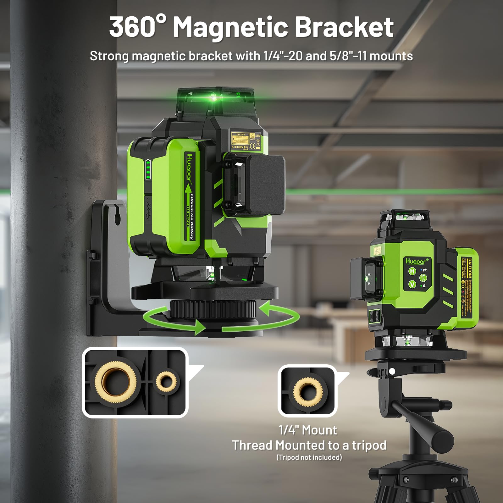 Huepar Laser Level, Self-leveling 16 Lines Green Beam 4D Cross Line Tiling Floor Laser Tool-2 x 360 Horizontal & 2 x 360 Vertical Laser Lines with Two Li-ion Batteries and Hard Carry Case-LS04CG - Medaid International