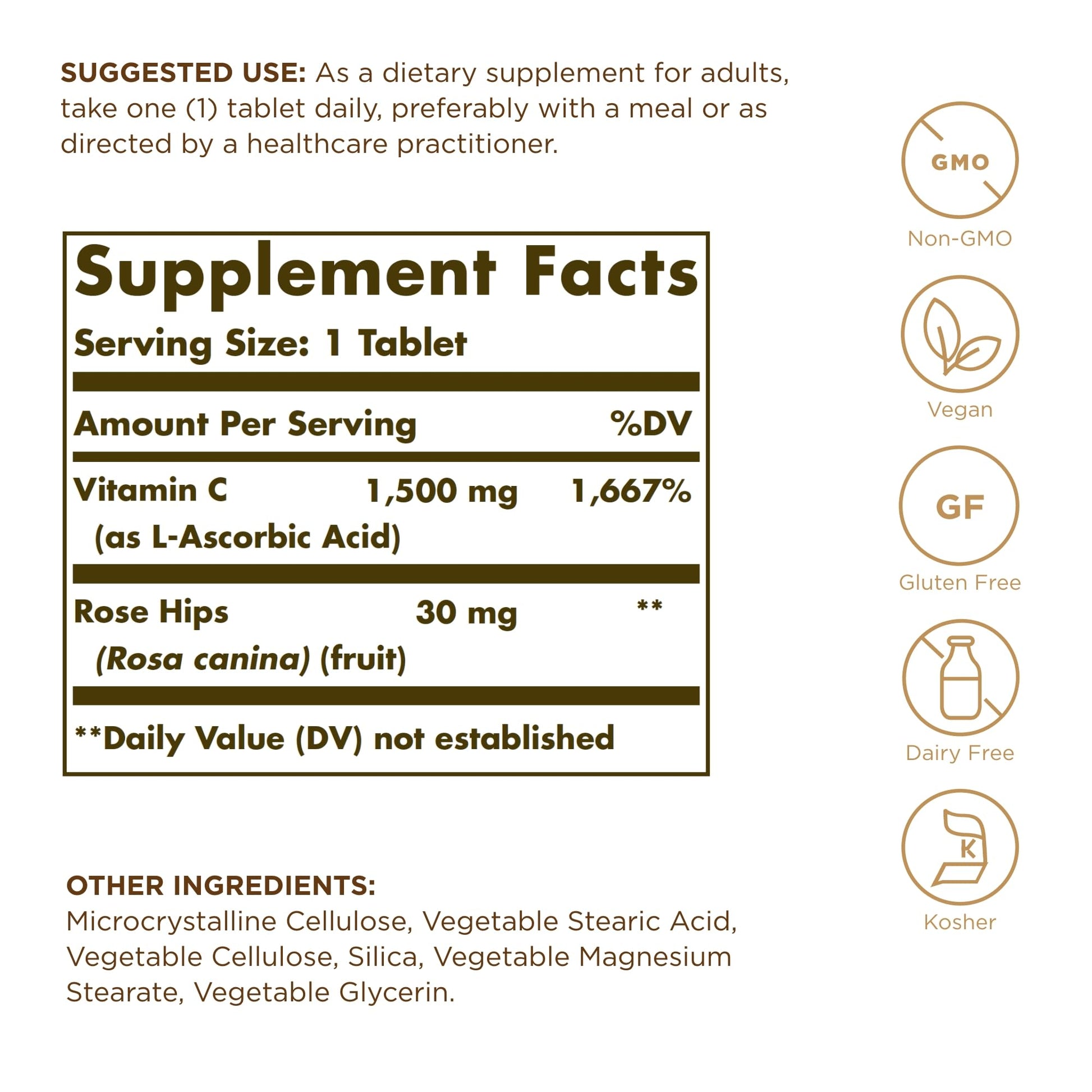Solgar Vitamin C 1500 mg with Rose HIPS, 90 Tablets - Antioxidant & Immune Support - Overall Health - Supports Healthy Skin & Joints - Non-GMO, Vegan, Gluten Free, Dairy Free, Kosher - 90 Servings - Medaid International