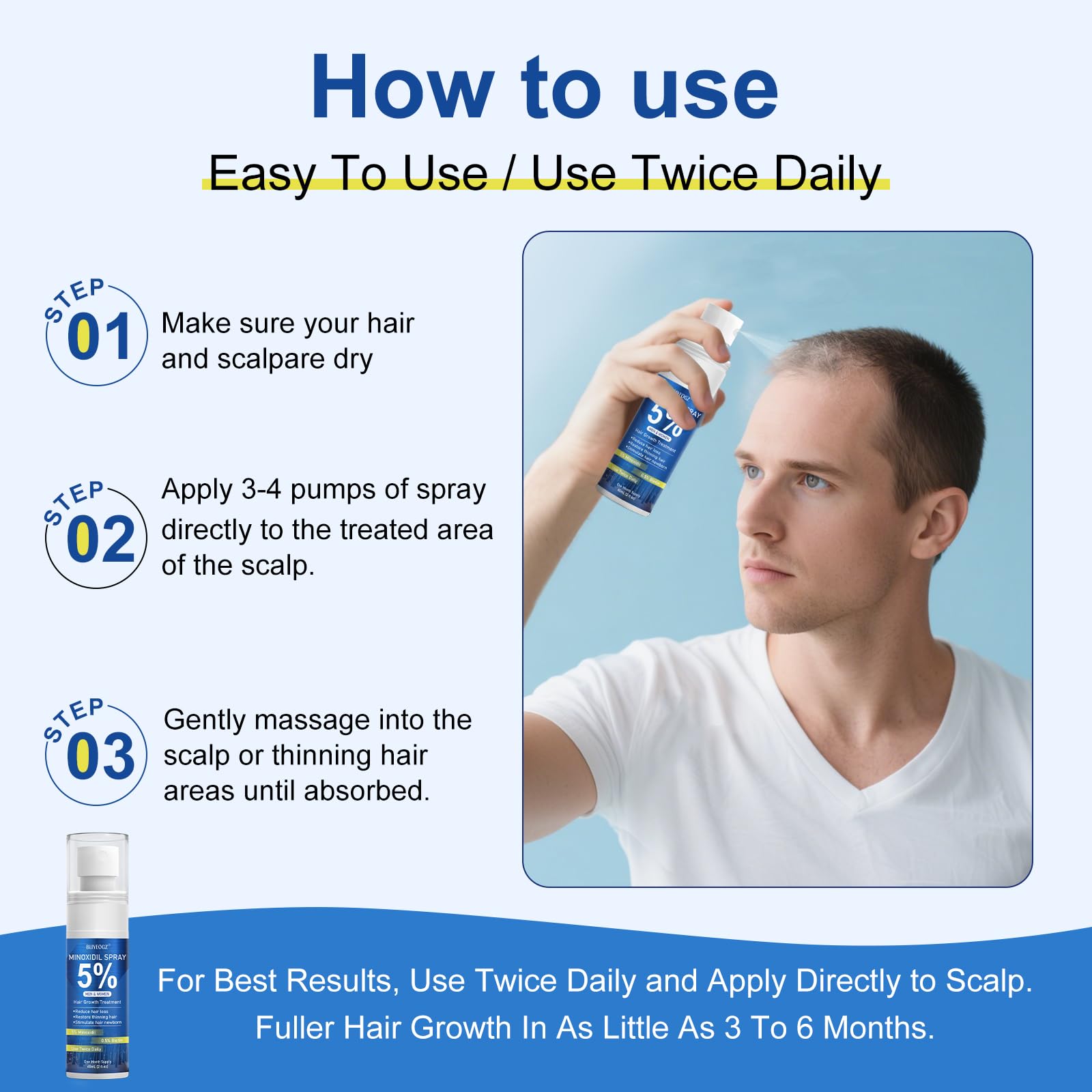 5% Minoxidil Spray for Men and Women, Infused with Biotin, for Hair Regrowth Treatment, Beard Growth, Extra Strength Treatment to Combat Hair Loss and Thinning, 3 Month Supply, 3 Bottles - Medaid International