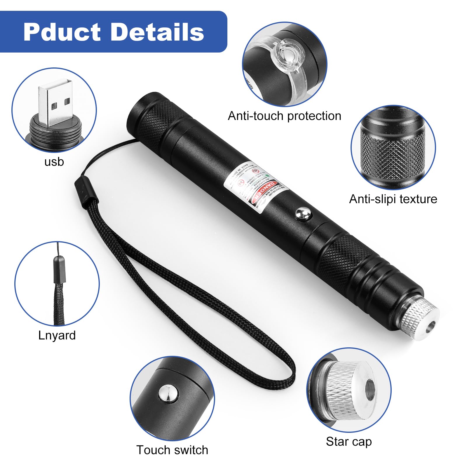 Damflew Green Laser Pointer High Power Pen - Long Range Rechargeable Laser Beam, USB Charging for Hiking, Presentations & Outdoor Use (Professional-Grade Green Light) - Medaid International