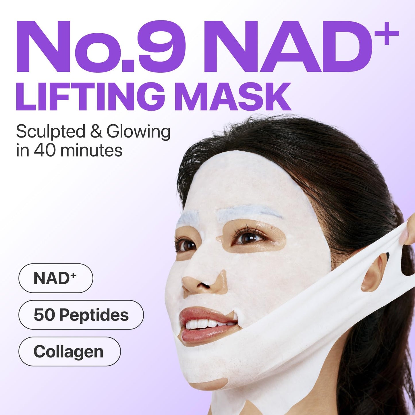 numbuzin No.9 Sheet Mask | NAD+ BIO Lifting-sil Full Face Mask | Improves Jawline, Jowls, Wrinkles, Neck Lines | Peptides, NAD+, Collagen | Skin Firmness | 4 Sheets + Lifting Band - Medaid International