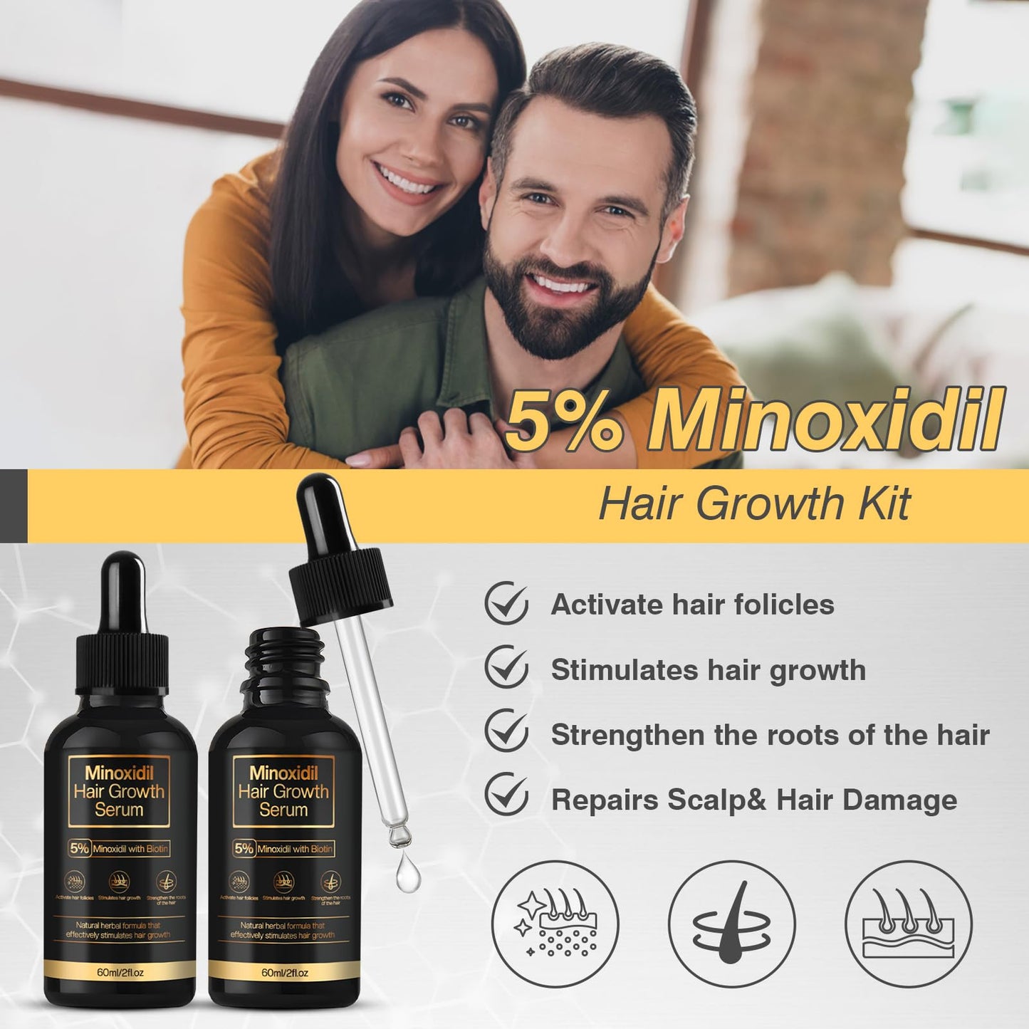5% Minoxidil Hair Growth for Men and Women, Minoxidil Hair Growth Serum, Promotes Hair Growth, Strengthens Hair Follicles, Helps Prevent Hair Fall and Hair Loss - Medaid International