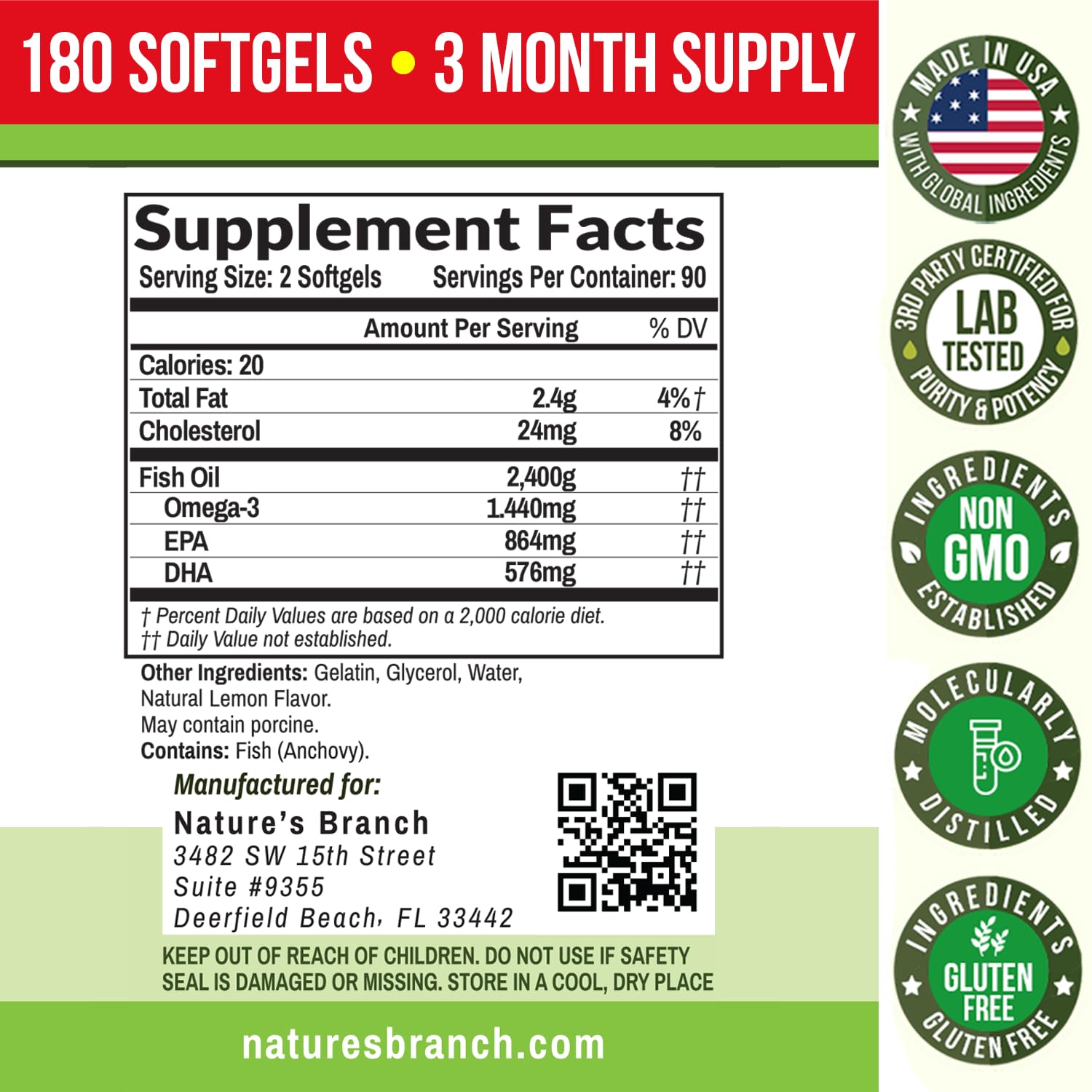 Best Triple Strength Omega 3 Fish Oil Pills - 180 Capsules - 2400mg High Potency Burpless Lemon Flavor 864mg EPA 576mg DHA Ultra Pure Liquid Softgels for Brain Joints Eyes Heart Health Supplement - Medaid International