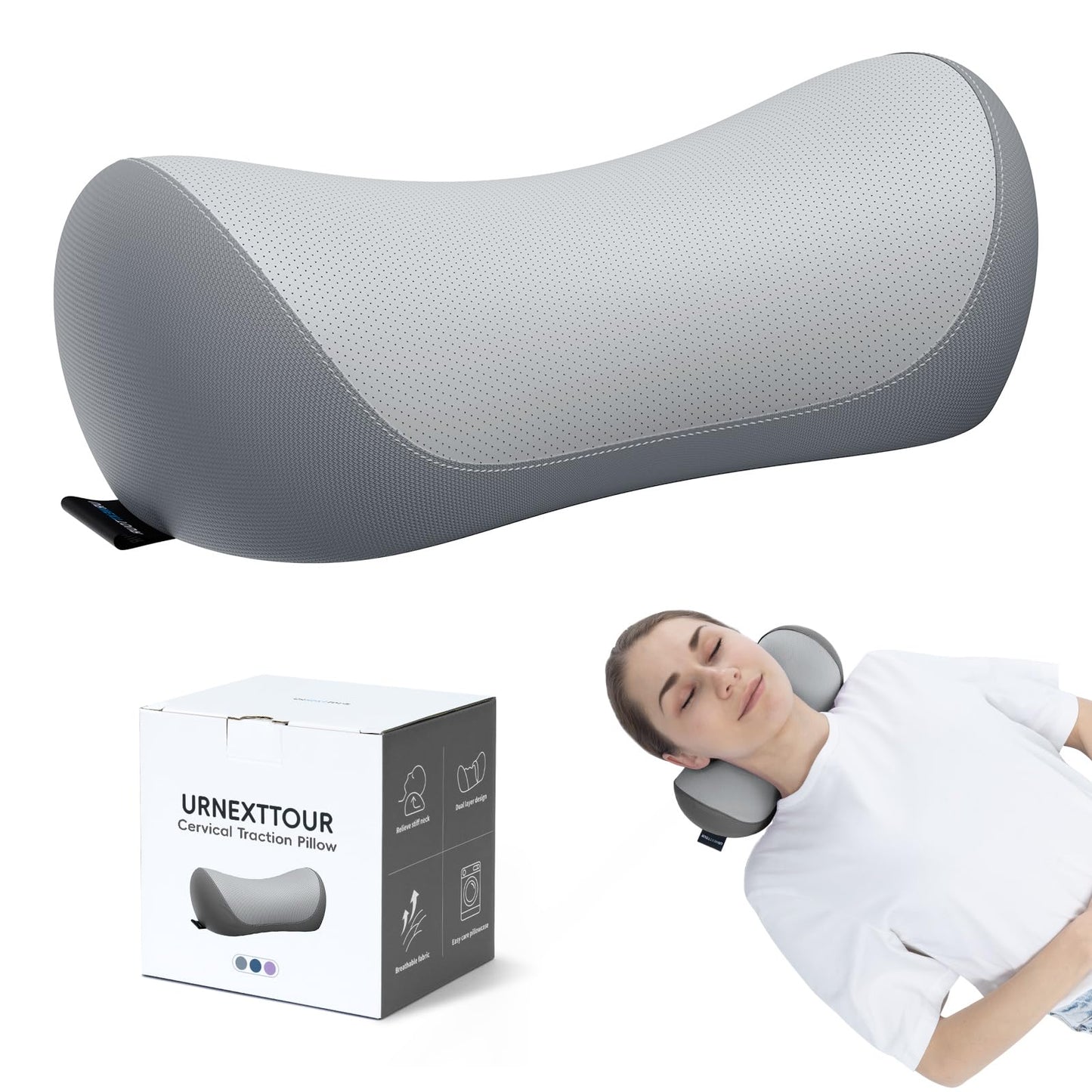 urnexttour Neck Cervical Pillow Cervical Traction Device Lumbar Support Memory Foam Roll Pillow Muscle Relief Shoulder Pain Relaxer Grey - Medaid International