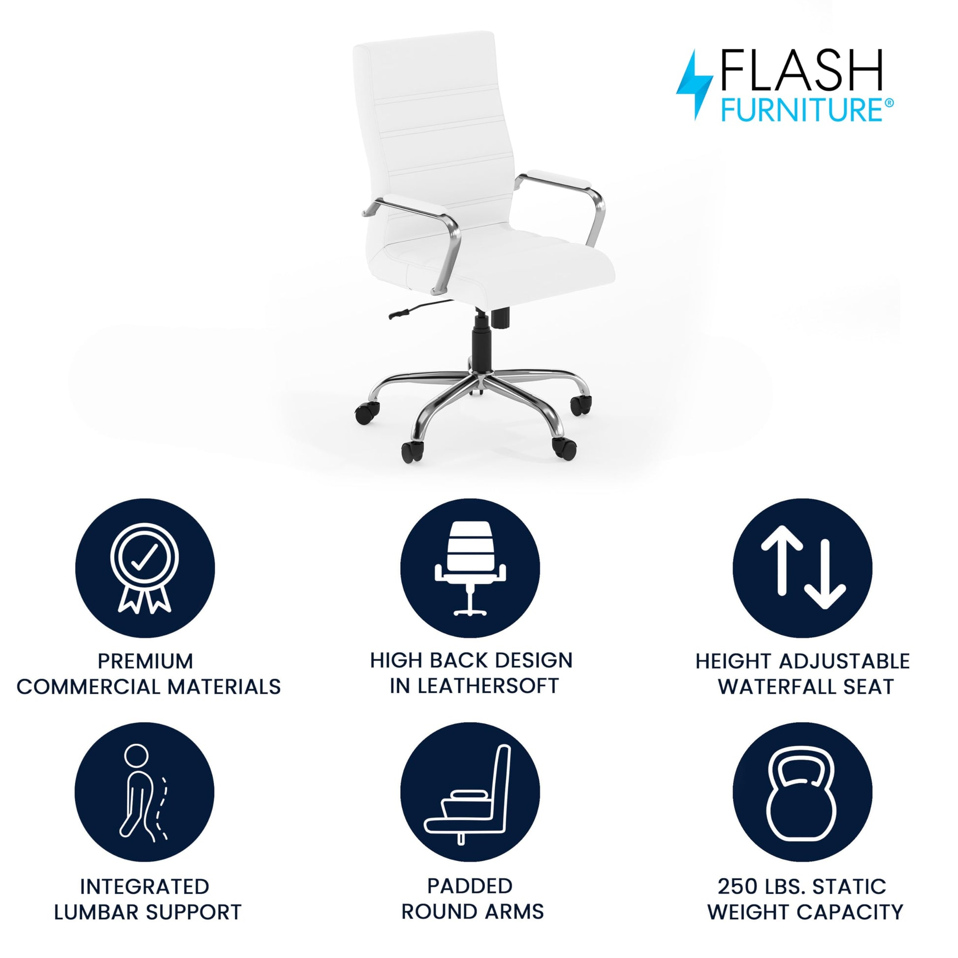 Flash Furniture Whitney High-Back Swivel LeatherSoft Desk Chair with Padded Seat and Armrests, Adjustable Height Padded Office Chair, White/Chrome - Medaid International