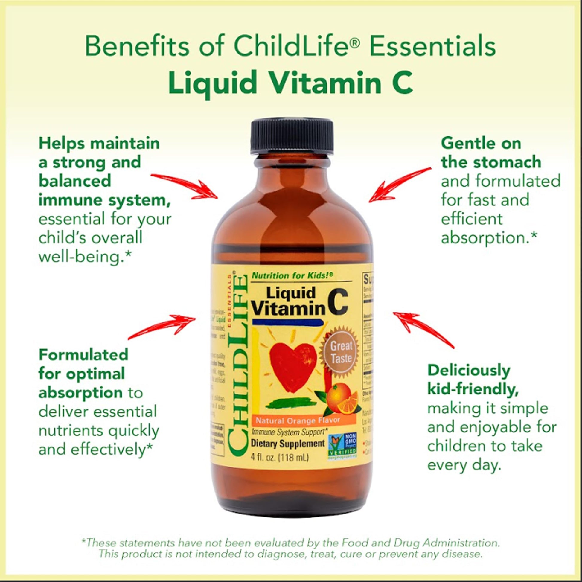 CHILDLIFE ESSENTIALS Liquid Vitamin C - Pure Vitamin C Liquid Supplement for Kids, Toddlers, & Babies, Immune System Support, Natural Orange Flavor, 4 Fl Oz (Pack of 1) - Medaid International