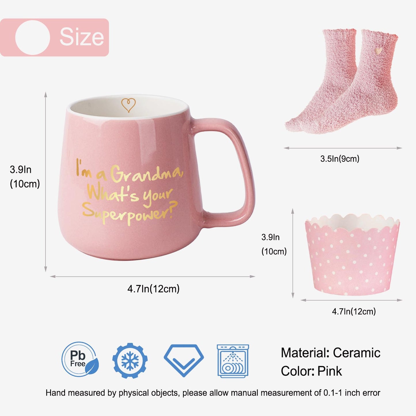 Yalucky Pink Ceramic Coffee Mug, 12 oz, 'I'm a Grandma What's Your Superpower', Includes Fuzzy Socks, Perfect for Grandma Gifts: Birthday, Mother's Day, Christmas - Medaid International