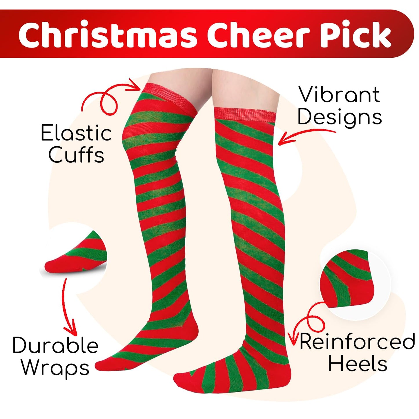 Christmas Knee High Socks - Red Green Elf Candy Cane Socks for Women 3 Pack - Medaid International