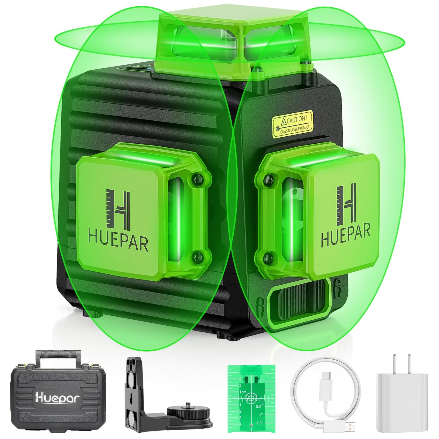 HUEPAR Laser Level 360 Self Leveling, Rechargeable 3D High Brightness Green Laser 3x360° Best Laser Leveler Tool for Construction and Picture Hanging, Strong Magnetic Bracket & Hard Suitcase -B03CG - Medaid International