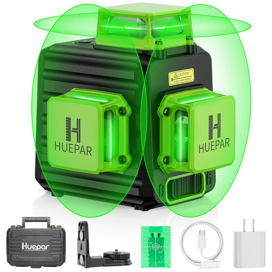HUEPAR Laser Level 360 Self Leveling, Rechargeable 3D High Brightness Green Laser 3x360° Best Laser Leveler Tool for Construction and Picture Hanging, Strong Magnetic Bracket & Hard Suitcase -B03CG - Medaid International