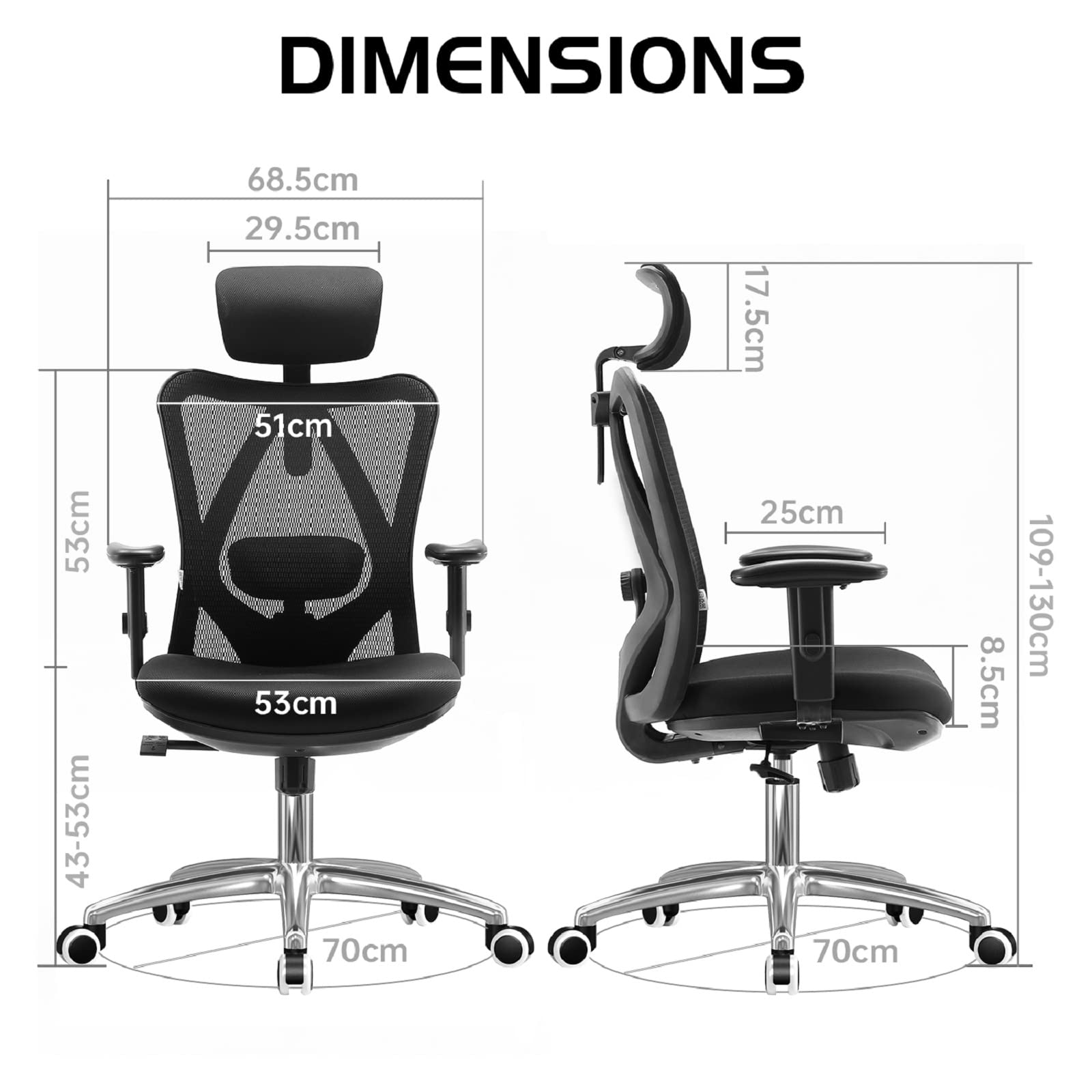 SIHOO M18 Ergonomic Office Chair for Big and Tall People Adjustable Headrest with 2D Armrest Lumbar Support and PU Wheels Swivel Tilt Function Black - Medaid International