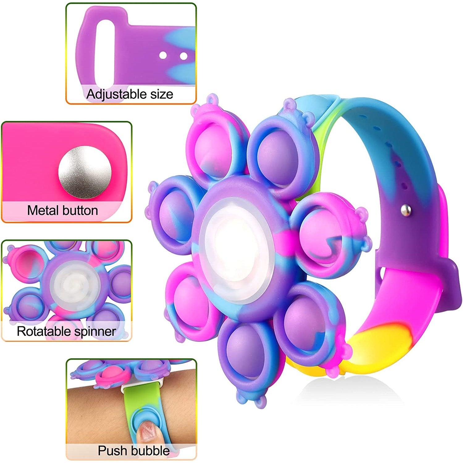 Fidget Pop Toy Spinner Bracelet,Wearable Push Poping Bubble Sensory Toys Stress Relief Finger Press Silicone Wristband for Kids - Medaid International