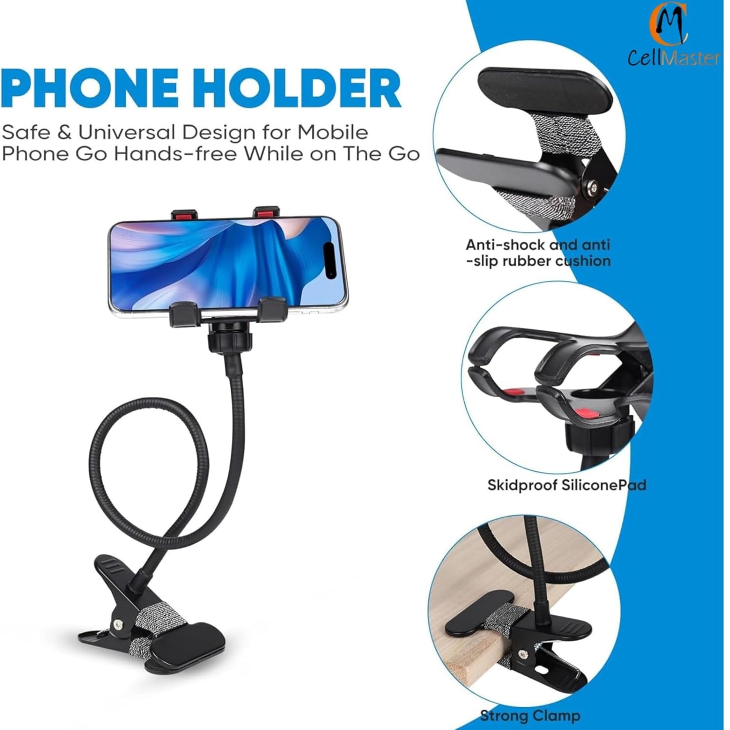 CELLMASTER Metal 360 Degree Flexible Portable Foldable -Lazy Stand Bracket Cell Phone Holder/Gooseneck Long Arm Clip Mobile Stand for Table Mobile Stand for Bed Office - Medaid International
