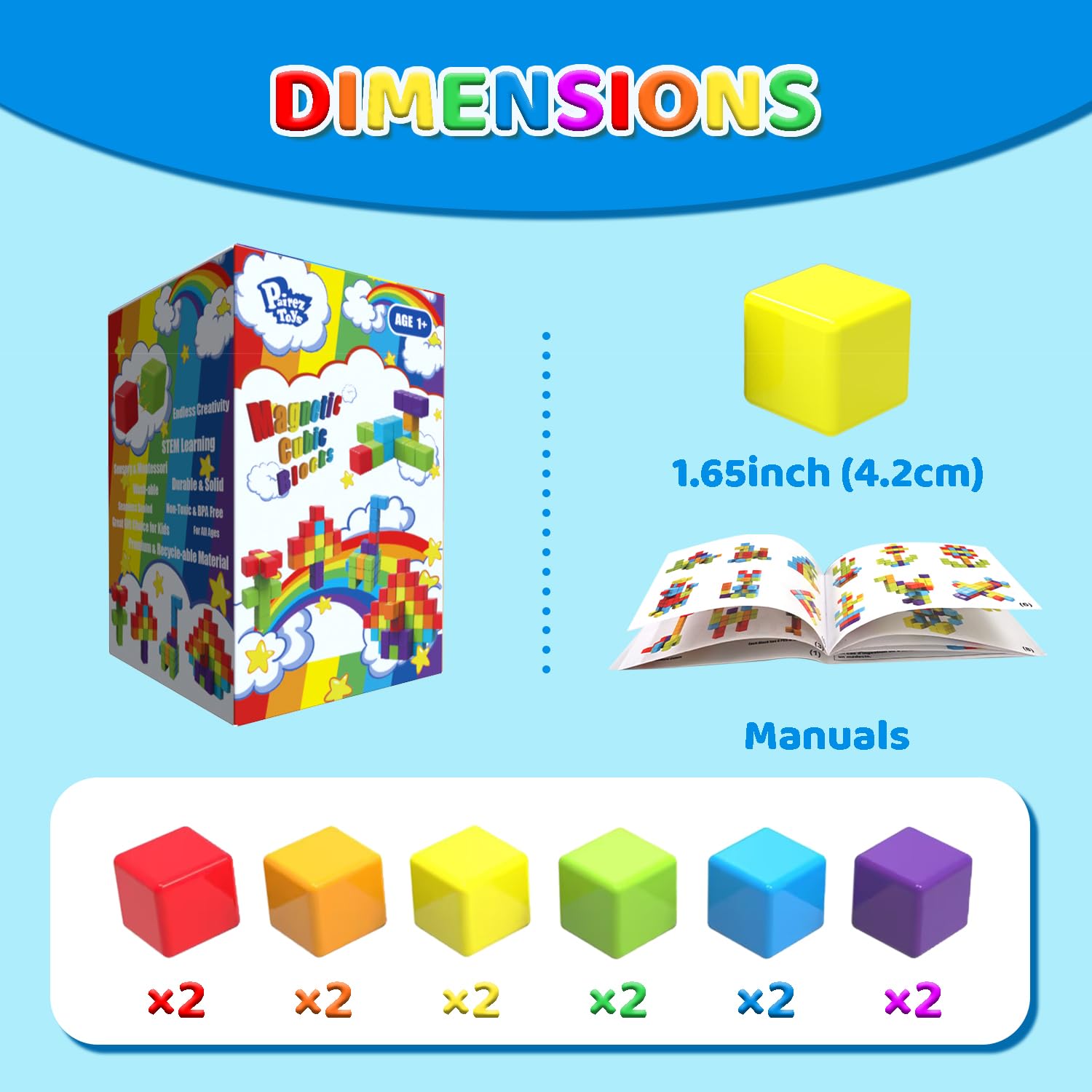 Magnetic Building Blocks Large, 1.65 inch Magnetic Stacking Cubes for Toddlers, Sensory & Montessori Toys for Boys & Girls 1 2 3 Years Old (12 PCS) - Medaid International