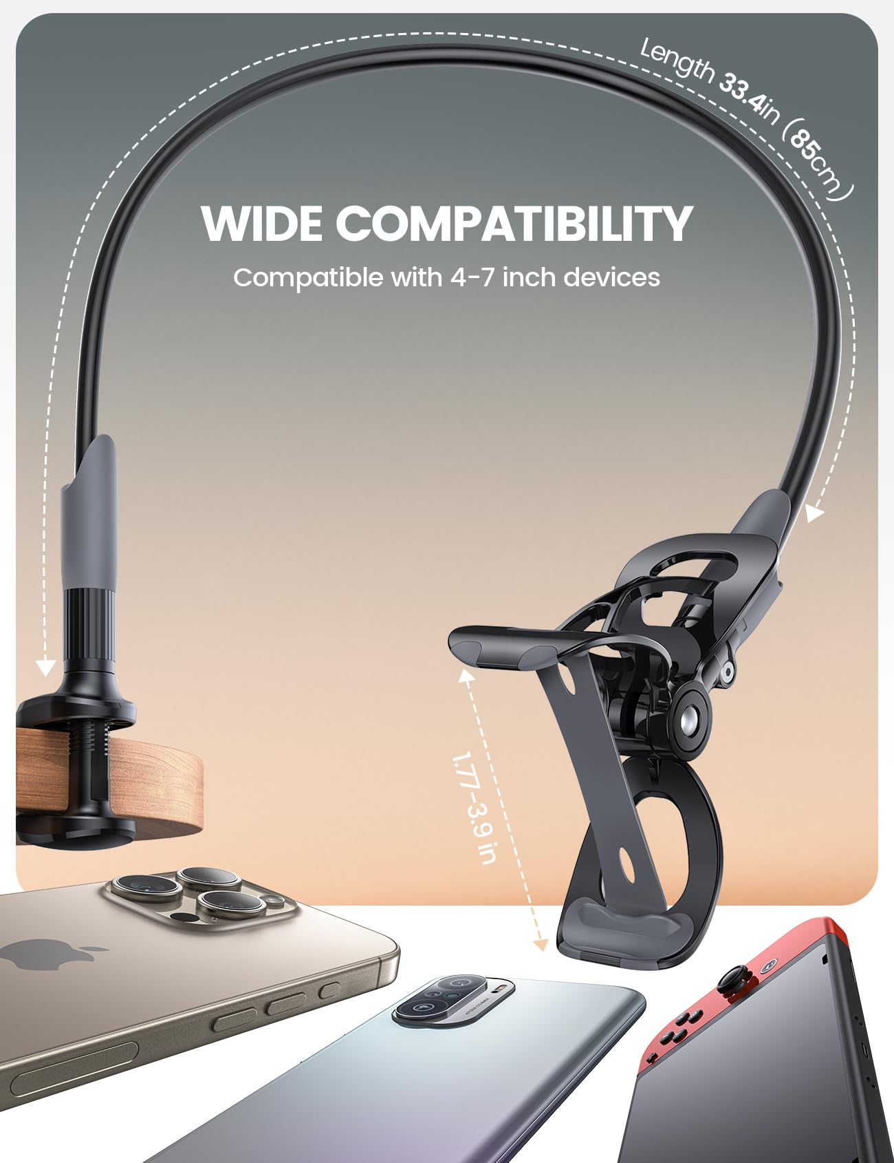 Lamicall Gooseneck Phone Holder for Bed - Cell Phone Mount Clamp Clip, Flexible Long Arm, Overhead Mount for Desk Headboard Bedside, for iPhone Air 17 Pro Max, 16 Pro Max, 15, 14 & 4-7" Phone - Medaid International