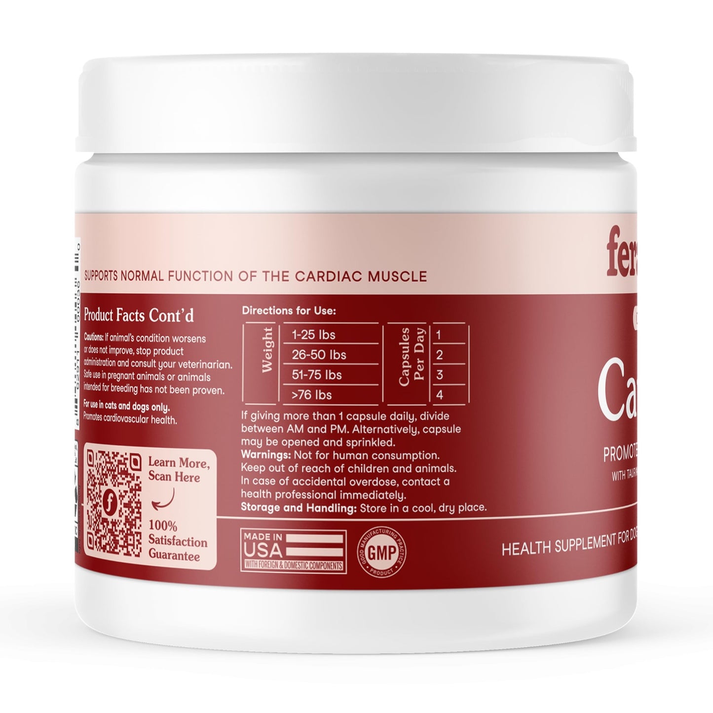 Fera Pets Cardiac Support - Cat & Dog Heart Supplement with Taurine, L-Carnitine, & CoQ10 - Promotes Normal Circulation and Heartbeat - 60 Capsules